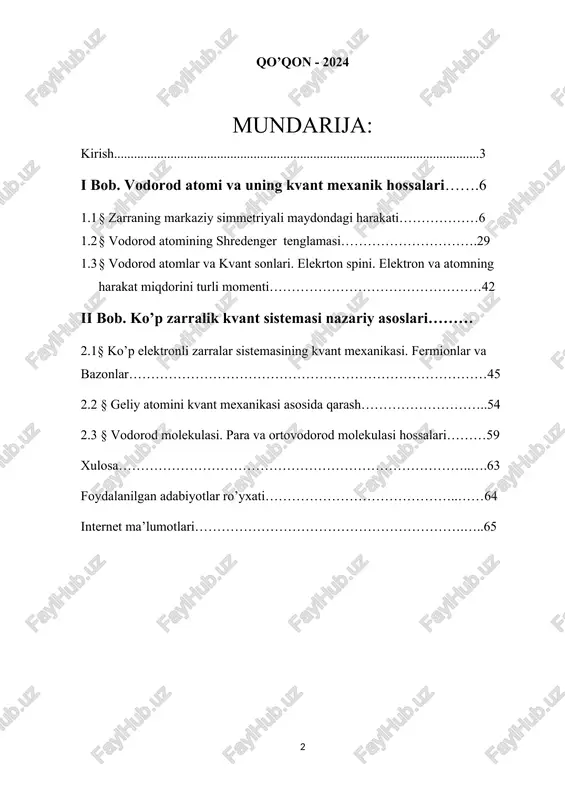 ana shu ilmiy bisoti bilan u o’zidan uzoqda joylashgan koinot jismlarining harakatini va atrof - muhitning ko’zga ko’rinmas qismlarini o’rganishga kirishdi. ammo har qaysi sohalarning o’ziga xos xususiyatlarini e’tiborga olish natijasida fizika fanining yangi bo’limlari paydo bo’ldi. kvant mexanikasi xx asr fizikasining eng rivojlangan sohasi bo’lib, fan va texnikaning hamma sohalariga kirib bormoqda. bitiruv malakaviy ish mavzusining ahamiyati; kvant mexanikasi darslarida ko’p zarrali sistemalarnini o’rganishning ilmiy va nazariy asoslarini tuzish. bitiruv malakaviy ishining maqsadi. kvant mexanikasi mikroolam zarrachalarning harakati bilan bog’liq bo’lgan hodisalarii o’rganadi. ravshanki, har qanday makrojism xossalari uni tashkil etgan zarrachalar xususiyatlari bilan uzviy bog’liqdir. shu boisdan kvant mexanikasi mikroolam xususiyatlarini o’rganish jarayonida mumtoz fizika hal eta olmagan makroolam xususiyatlarini asoslab beradi. bu bitiruv malakaviy ishda zarralar sistemasining kvant mexanika asoslari yordamida zarralar hossalari yoritib berilgan. mavzuning oldiga qo`ygan maqsadi va undan kelib chiqadigan vazifalar; mavzuning oldiga qo`ygan maqsadi ko’p zarrali sistemalarnini amaliy hisoblashlarga asosini earetish va unga …