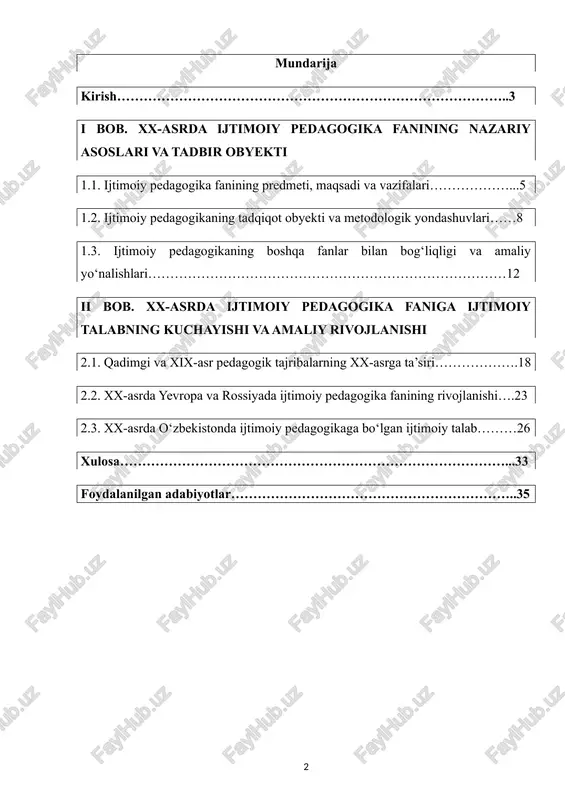 ni xalq madaniyati va ijtimoiy ehtiyojlar bilan uyg‘unlashtirish zarurligini ta’kidladi. bu holat xx-asr ijtimoiy pedagogikasida fanning jamiyat hayotidagi o‘rnini oshirishga xizmat qildi. tadqiqotning maqsadi va vazifalari ushbu kurs ishining asosiy maqsadi xx-asrda ijtimoiy pedagogika fanining rivojlanishi, unga bo‘lgan ijtimoiy talabni tizimli tahlil qilish va fan nazariyasi hamda amaliy faoliyatidagi o‘zgarishlarni yoritishdan iborat. vazifalari: 1. xx-asr ijtimoiy pedagogik jarayonini va jamiyatdagi ijtimoiy talablarni ilmiy asosda tahlil qilish. 2. yevropa va rossiyada pedagogik tajribalarni o‘rganib, ularning ijtimoiy talab bilan bog‘liqligini ko‘rsatish. 3. xx-asr pedagogik tajribasini o‘zbekiston sharoitida amaliy qo‘llash va zamonaviy ahamiyatini aniqlash. 4. fan nazariyasi va amaliyotini integratsiyalash orqali ijtimoiy pedagogik faoliyatni samarali tashkil etish yo‘llarini ishlab chiqish. ob’yekt va predmet ob’yekt: xx-asr ijtimoiy pedagogikasi va uning jamiyatdagi rivojlanish jarayoni. predmet: xx-asrda ijtimoiy pedagogika faniga bo‘lgan ijtimoiy talab, fan nazariyasi va amaliy faoliyati, pedagogik tajribalar va ularning samaradorligi. ilmiy yangilik va amaliy ahamiyat ushbu kurs ishining ilmiy yangiligi shundaki, u xx-asr …