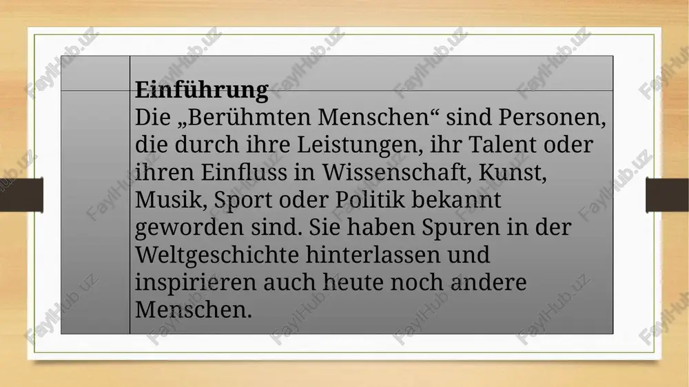 1749 in frankfurt am main geboren und starb 1832 in weimar. seine berühmtesten werke sind „faust“, „die leiden des jungen werthers“ und viele gedichte. goethe gilt als einer der bedeutendsten autoren der deutschen literatur. anne frank (1929–1945) anne frank war ein jüdisches mädchen, das durch ihr tagebuch weltberühmt wurde. sie wurde am 12. juni 1929 in frankfurt am main geboren und starb 1945 im konzentrationslager bergen-belsen. ihr tagebuch beschreibt das leben ihrer familie im versteck während des zweiten weltkriegs. heute ist es ein symbol für mut, hoffnung und menschlichkeit. thomas alva edison war ein amerikanischer erfinder. er wurde am 11. februar 1847 in ohio (usa) geboren. edison erfand über 1000 geräte, darunter die glühbirne, den phonographen und die filmkamera. seine arbeit machte das moderne leben heller und komfortabler. marie curie (1867–1934) marie curie war eine polnisch-französische wissenschaftlerin. sie entdeckte die chemischen elemente polonium und radium. 1903 erhielt sie zusammen mit …