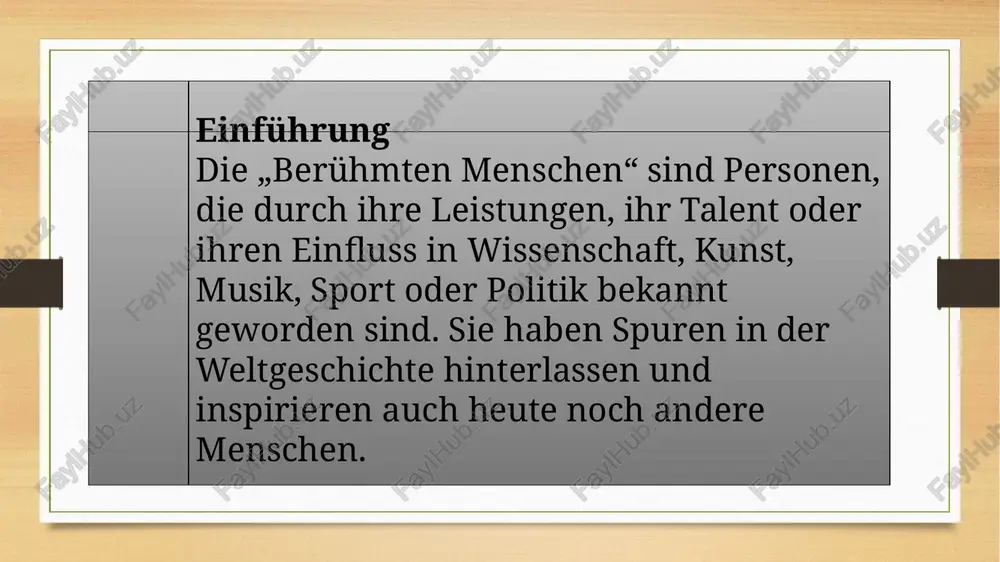 1749 in frankfurt am main geboren und starb 1832 in weimar. seine berühmtesten werke sind „faust“, „die leiden des jungen werthers“ und viele gedichte. goethe gilt als einer der bedeutendsten autoren der deutschen literatur. anne frank (1929–1945) anne frank war ein jüdisches mädchen, das durch ihr tagebuch weltberühmt wurde. sie wurde am 12. juni 1929 in frankfurt am main geboren und starb 1945 im konzentrationslager bergen-belsen. ihr tagebuch beschreibt das leben ihrer familie im versteck während des zweiten weltkriegs. heute ist es ein symbol für mut, hoffnung und menschlichkeit. thomas alva edison war ein amerikanischer erfinder. er wurde am 11. februar 1847 in ohio (usa) geboren. edison erfand über 1000 geräte, darunter die glühbirne, den phonographen und die filmkamera. seine arbeit machte das moderne leben heller und komfortabler. marie curie (1867–1934) marie curie war eine polnisch-französische wissenschaftlerin. sie entdeckte die chemischen elemente polonium und radium. 1903 erhielt sie zusammen mit …