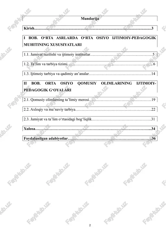 i, ma’naviy qadriyatlarning mustahkamligini ta’kidlaganlar. shu nuqtai nazardan, ularning g‘oyalari ijtimoiy pedagogika fani uchun boy tarixiy meros bo‘lib xizmat qiladi. kirishning dolzarbligi o‘rta asrlarda o‘rta osiyo qomusiy olimlarining ijtimoiy-pedagogik g‘oyalari bugungi kunda ham dolzarbdir. chunki zamonaviy pedagogik tizimlar axloqiy, ma’naviy va madaniy qadriyatlarni shakllantirishga e’tibor qaratmoqda. qomusiy olimlar ta’lim va tarbiyaning inson ruhiyati va jamiyatning barqaror rivojlanishidagi ahamiyatini yoritib bergan. shu sababli, ularning g‘oyalari tarixiy pedagogika tadqiqotlari, zamonaviy ijtimoiy pedagogik amaliyot va ma’naviy tarbiya strategiyalari uchun muhim ilmiy asos hisoblanadi. obyekti kurs ishining obyekti — o‘rta asrlarda o‘rta osiyo hududida shakllangan ijtimoiy-pedagogik jarayonlar. bu obyektda jamiyatning tarbiyaviy tizimi, madrasalar, diniy va ma’naviy institutlar orqali shakllangan ijtimoiy-pedagogik muhit o‘rganiladi. predmeti kurs ishining predmeti — o‘rta osiyo qomusiy olimlarining ijtimoiy-pedagogik g‘oyalari, ularning axloqiy, ma’naviy va ta’limiy kontseptsiyalari hamda jamiyatga pedagogik ta’siri. predmetga qomusiy olimlarning asarlaridagi tarbiyaviy tavsiyalar, metodlar va ta’limiy prinsiplar kiradi. maqsadi ushbu kurs ishining maqsadi — o‘rta asrlarda o‘rta osiyo …