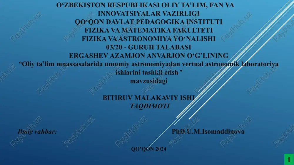 ish samarali hisoblanmoqda. shuning ushun barsha sohalarda kompyuter va axborot texnologiyalaridan unumli foydalanish dolzarb muammo bo‘lib kelmoqda. axborot texnologiyalaridan fizika va astronomiya fanlarini o‘qitishda foydalanish – darsliklarning elektron versiyalari, hodisa va jarayonlarning kompyuter modellari, demonstratsiya jihozlarining vertual stendlarini, vertual laboratoriyalar va hokazo bosqishlaridan iborat bo‘lib, yoshlarning astronomiya faniga bo‘lgan qiziqishlarini oshirish, hodisa va qonuniyatlarni shuqurroq anglab tasavvur etishda muhim ahamiyatga egadir. bitiruv malakaviy ishining ob’yekti; oliy ta’lim muassasalarida umumiy astronomiyadan vertual astronomik laboratoriya ishlarini tashkil etishda, qo‘qon davlat pedagogika institutida tahsil olayotgan fizika va astronomiya yo‘nalishi ikkinchi kurs talabalari jalb qilingan. bitiruv malakaviy ishining predmeti; oliy ta’lim muassasalarida umumiy astronomiya fanidan an’anaviy labaratoriya ishlarini vertual dasturlar asosida bajarish metodlari tashkil etadi bitiruv malakaviy ishining maqsadi-oliy ta’lim muassasalarida astranomiya fanini o‘qitishda astronomik kompyuter dasturlaridan foydalanish metodikasini ishlab shiqish orqali, talabalarning dunyo qarashini, tasavvur qila olish qobiliyatini va eng muhimi fanga bo‘lgan qiziqishlarini orttirishdan iboratdir. 4 etodlardan foydalanish samarali hisoblanmoqda. shuning ushun …