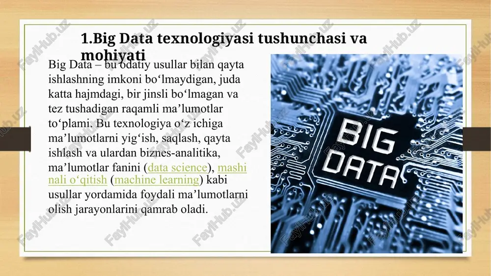 i manbalardan yig‘iladi (strukturalangan, yarim­strukturalangan, strukturasiz) va bir joyga konsolidatsiya qilinadi. tozalash: ma’lumotlardagi xatolar, takroriy yozuvlar, yetishmayotgan qiymatlar aniqlanadi va tuziladi. tā natijada tahlil qilinadigan ma’lumotlar sifati oshadi. transformatsiya va yuklash (etl): ma’lumotlar strukturalangan formaga keltiriladi, turli manbalardan kelgan ma’lumotlar birlashtiriladi va saqlash muhitiga joylanadi. ma’lumotni saqlash va ishlov berish arxitekturasi: masalan, tarqatilgan saqlash (hdfs), real‑vaqt oqim ma’lumotlari, partiyali (batch) ishlov berish kabi usullar qo‘llanadi. tahlil usullari (analitik metodlar) descriptive (tavsiflovchi) tahlil: „nima sodir bo‘lgan?“ savoliga javob — ma’lumotlar asosida olayotgan natijalarning umumiy xususiyatlari ko‘riladi. diagnostic (tashxislovchi) tahlil: „nima uchun sodir bo‘lgan?“ savoliga javob — natijalarning sabablarini aniqlashga qaratilgan. predictive (prognozlovchi) tahlil: „kelajakda nima bo‘ladi?“ — tarixiy ma’lumotlar va algoritmlar yordamida oldindan bashorat yuritiladi. prescriptive (tavsiyalar beruvchi) tahlil: „nima qilish kerak?“ — natijalarni optimallashtirish uchun tavsiyalar hosil qilinadi. maxsus metodlar: ma’lumotlar qazib olish (data mining): klasterlash, regressiya, o‘zaro bog‘liqlik qoidalari (association rules). mashina o‘rganishi (machine learning), chuqur o‘rganish (deep learning) …
