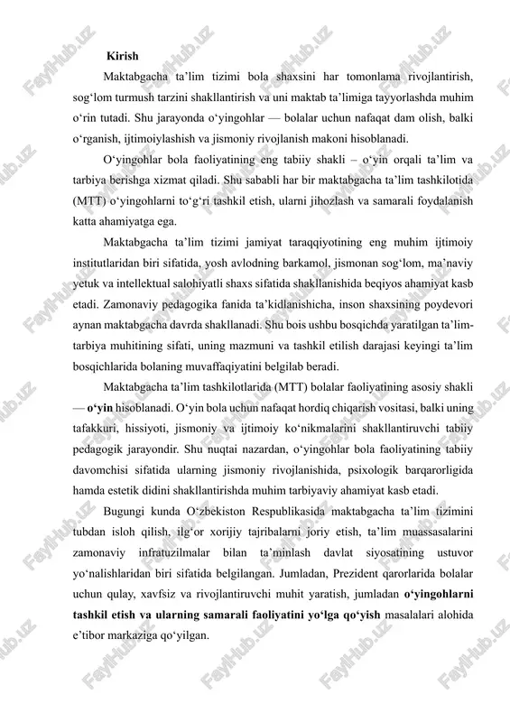 ibalarni joriy etish, ta’lim muassasalarini zamonaviy infratuzilmalar bilan ta’minlash davlat siyosatining ustuvor yo‘nalishlaridan biri sifatida belgilangan. jumladan, prezident qarorlarida bolalar uchun qulay, xavfsiz va rivojlantiruvchi muhit yaratish, jumladan o‘yingohlarni tashkil etish va ularning samarali faoliyatini yo‘lga qo‘yish masalalari alohida e’tibor markaziga qo‘yilgan. o‘yingohlar nafaqat bolalar jismoniy faolligini ta’minlaydi, balki ularning ijtimoiy munosabatlar tizimiga kirishish, hamkorlikda o‘ynash, muomala va muloqot madaniyatini shakllantirishga xizmat qiladi. shu bilan birga, o‘yingohlarning estetik va ekologik tashkil etilishi orqali bolalarda tabiatga mehr, go‘zallikni his etish, atrof-muhitni asrash kabi qadriyatlar ham singdiriladi. demak, maktabgacha ta’lim tashkilotlarida o‘yingohlarni ilmiy-pedagogik asosda tashkil etish va ulardan samarali foydalanish masalasi nafaqat ta’lim jarayonining muhim komponenti, balki bolalarning sog‘lom rivojlanishiga zamin yaratadigan ijtimoiy ahamiyatli jarayondir. shu bois ushbu mavzu bo‘yicha tadqiqot olib borish, o‘yingohlarning pedagogik, psixologik va tashkiliy jihatlarini chuqur tahlil etish dolzarb ilmiy-amaliy vazifalardan biri hisoblanadi. maktabgacha ta’lim tashkilotlarida o‘yingohlarning ahamiyati o‘yingohlar bolalarning quyidagi jihatlarini rivojlantirishda muhim rol o‘ynaydi: · jismoniy …