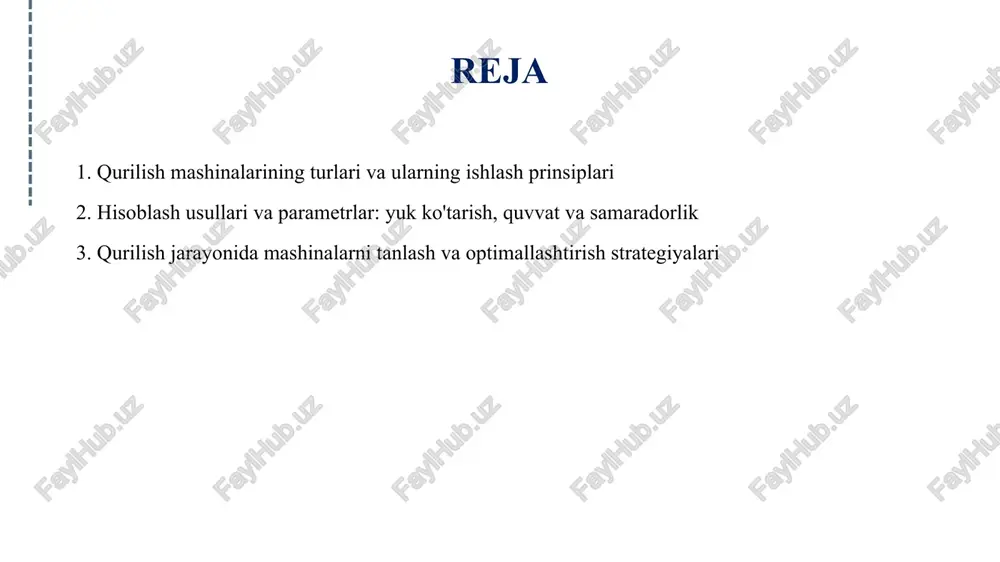 inaning berilgan vazifani bajarishdagi muvaffaqiyatini ko'rsatadi va odatda yuk ko'tarish va quvvat o'rtasidagi nisbat sifatida ifodalanadi. ushbu parametrlar o'rtasidagi muvozanatni saqlash, qurilish mashinasining iqtisodiy jihatdan samarali ishlashini ta'minlaydi. hisoblash usullari esa, matematik modellash va simulyatsiya orqali amalga oshiriladi, bu esa muhandislarga mashinaning optimal konfiguratsiyasini aniqlash imkonini beradi. shunday qilib, yuk ko'tarish, quvvat va samaradorlikni to'g'ri hisoblash, qurilish mashinalarining samarali va xavfsiz ishlashi uchun zarurdir. qurilish jarayonida mashinalarni tanlash va optimallashtirish strategiyalari qurilish jarayonida mashinalarni tanlash va optimallashtirish strategiyalari, samarali va iqtisodiy jihatdan foydali qurilish faoliyatini ta'minlashda muhim ahamiyatga ega. avvalo, qurilish loyihasining o'lchamlari, turli bosqichlari va maxsus talablariga mos keladigan mashinalarni tanlash zarur. bu jarayonda mashinalarning texnik xususiyatlari, energiya samaradorligi va ish unumdorligi e'tiborga olinishi lozim. shuningdek, mashinalarni optimallashtirish uchun ularning ishlash muddatini va texnik xizmat ko'rsatish rejasini hisobga olish, shuningdek, mashinalar o'rtasida sinergiya yaratish muhimdir. natijada, to'g'ri tanlangan va optimallashtirilgan qurilish mashinalari, ish jarayonini tezlashtiradi va xarajatlarni kamaytiradi, bu …