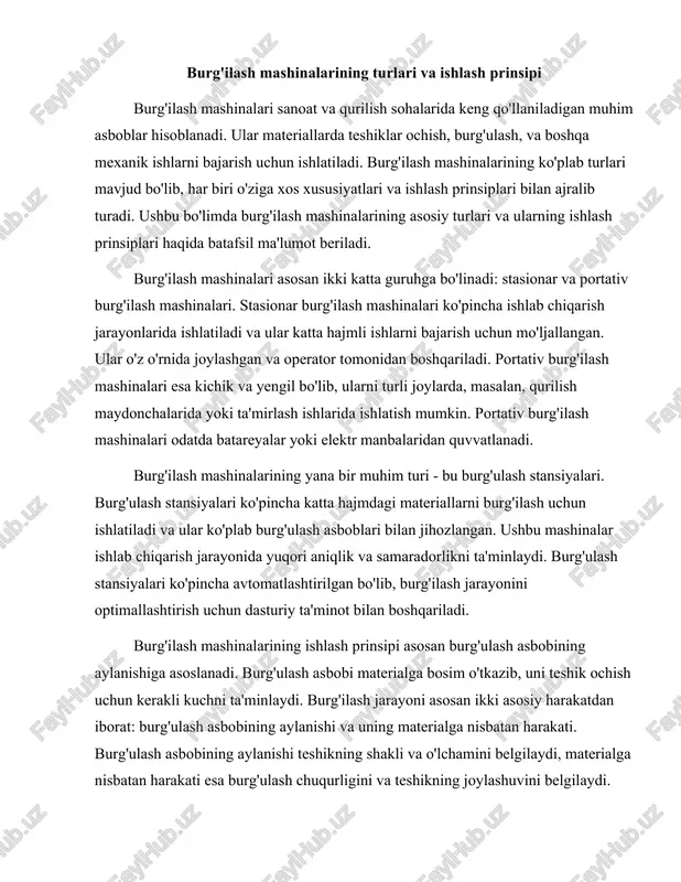 yoni asosan ikki asosiy harakatdan iborat: burg'ulash asbobining aylanishi va uning materialga nisbatan harakati. burg'ulash asbobining aylanishi teshikning shakli va o'lchamini belgilaydi, materialga nisbatan harakati esa burg'ulash chuqurligini va teshikning joylashuvini belgilaydi. burg'ilash mashinalarida qo'llaniladigan burg'ulash asboblari turli materiallarga mos ravishda ishlab chiqilgan. ular metall, plastmassa, yog'och va boshqa materiallar uchun maxsus ishlab chiqariladi. burg'ulash asboblarining shakli va materiallari ularning ishlash samaradorligini sezilarli darajada ta'sir qiladi. masalan, metall uchun mo'ljallangan burg'ulash asboblari odatda yuqori qattiqlik va bardoshlilikka ega bo'lishi kerak, chunki metall materiallar ko'pincha qattiq va qiyin ishlov beriladigan materiallardir. burg'ilash mashinalarining samaradorligini oshirish uchun turli xil texnologiyalar qo'llaniladi. masalan, burg'ilash jarayonida suyuqliklar yoki moylar ishlatiladi. ushbu suyuqliklar burg'ilash asbobining ishqalanishini kamaytiradi, shuningdek, issiqlikni tarqatishda yordam beradi. buning natijasida burg'ilash jarayoni yanada samarali va tez amalga oshiriladi. shuningdek, burg'ilash mashinalarida avtomatik nazorat tizimlari qo'llanilishi mumkin, bu esa jarayonni yanada optimallashtirishga yordam beradi. burg'ilash mashinalarining ishlash jarayoni ko'plab omillarga bog'liq. ular …