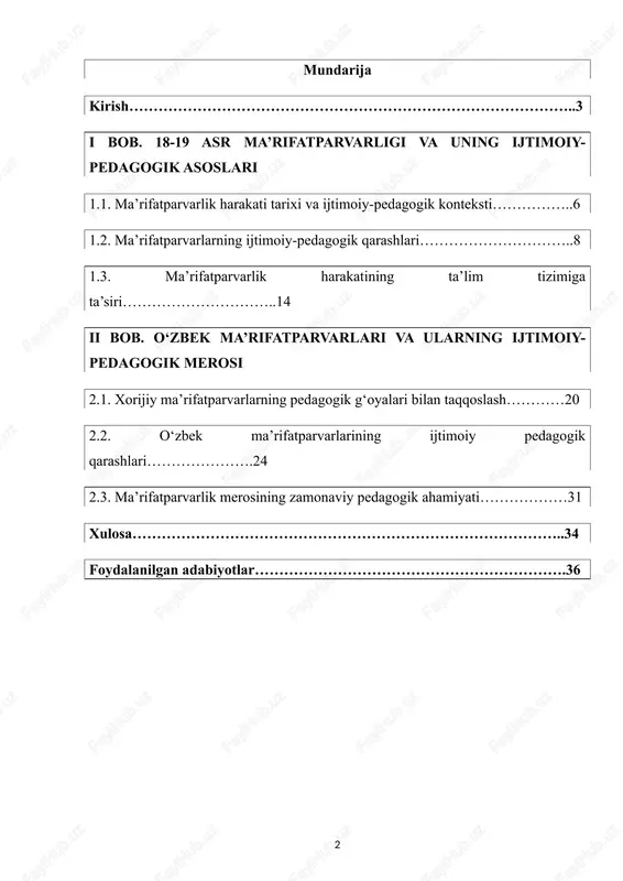 babli, ma’rifatparvarlarning pedagogik merosini o‘rganish va uni zamonaviy pedagogik jarayonlarga tatbiq etish bugungi kunda ilmiy va amaliy jihatdan katta ahamiyatga ega. obyekti va predmeti obyekt: 18–19 asr ma’rifatparvarlik harakati va uning o‘zbekiston va markaziy osiyo jamiyatidagi ijtimoiy-pedagogik ta’siri. predmet: ma’rifatparvarlarning ijtimoiy pedagogik qarashlari, pedagogik g‘oyalari, metodlari va ularning jamiyatdagi tarbiya va ta’lim tizimiga ta’siri. bu mavzu doirasida obyekt va predmetning aniqlanishi ilmiy tadqiqotning aniq yo‘nalishini belgilaydi. obyekt keng ijtimoiy-madaniy jarayonlarni o‘z ichiga olsa, predmet esa aynan pedagogik qarashlar va ularning pedagogik jarayonga ta’sirini o‘rganishga yo‘naltirilgan. maqsad: 18–19 asr ma’rifatparvarlarining ijtimoiy pedagogik qarashlarini tizimli ravishda tahlil qilish va ularning pedagogik merosining zamonaviy ta’lim-tarbiya jarayonlariga ta’sirini aniqlash. vazifalar: 1. 18–19 asr ma’rifatparvarlik harakatining tarixiy kontekstini o‘rganish va tahlil qilish. 2. ma’rifatparvarlarning ijtimoiy-pedagogik qarashlari va ularning ta’lim tizimiga ta’sirini chuqur o‘rganish. 3. o‘zbek va xorijiy ma’rifatparvarlarning pedagogik yondashuvlarini taqqoslash va pedagogik uslublardagi umumiy tendensiyalarni aniqlash. 4. ma’rifatparvarlik merosining zamonaviy ijtimoiy pedagogik jarayonlarda qo‘llanilishini …