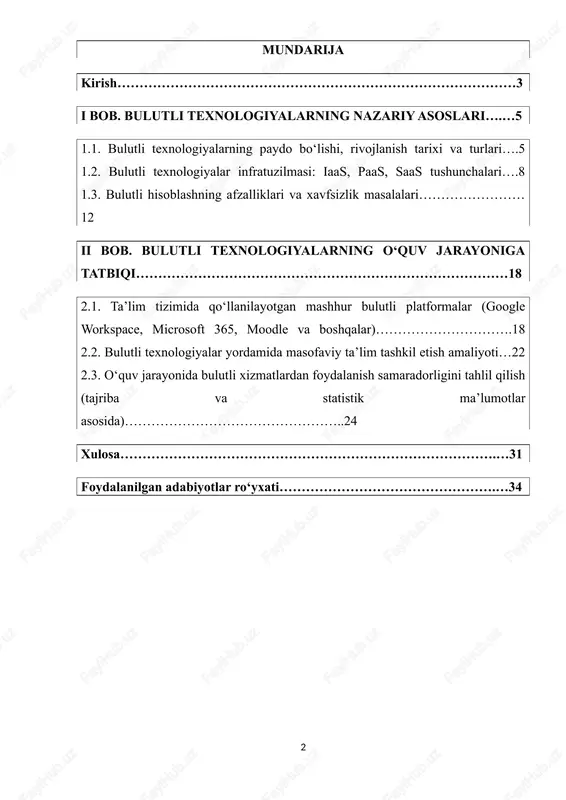 ) – internet orqali dasturiy taʼminot, saqlash, hisoblash va boshqa xizmatlarga kirishni taʼminlaydigan zamonaviy axborot texnologiyalaridir. ular yordamida o‘quvchilarning ham, o‘qituvchilarning ham taʼlim jarayonidagi ishtiroki ancha yengillashadi. masalan, pandemiya davrida o‘zbekistonda google workspace, microsoft 365, zoom, moodle kabi platformalardan faol foydalanilgan bo‘lib, bu bulutli texnologiyalarning zaruriyati va imkoniyatlarini yaqqol ko‘rsatdi. bugungi kunda o‘zbekiston respublikasi prezidenti va vazirlar mahkamasi tomonidan qabul qilinayotgan taʼlim sohasidagi raqamlashtirishga oid qarorlar ham bulutli texnologiyalarni joriy etishni jadallashtirmoqda. “raqamli taʼlim” konsepsiyasi doirasida barcha bosqichdagi taʼlim muassasalarida zamonaviy akt imkoniyatlaridan foydalanish belgilangan. bu esa, o‘z navbatida, ushbu mavzuni chuqur o‘rganish zaruratini tug‘diradi. ishning maqsadi mazkur kurs ishining asosiy maqsadi — bulutli texnologiyalarning nazariy asoslarini o‘rganish, ularning afzalliklari va kamchiliklarini tahlil qilish hamda ularni taʼlim jarayoniga samarali joriy etish imkoniyatlarini ochib berishdan iborat. ishning vazifalari · bulutli texnologiyalarning kelib chiqishi, rivojlanish tarixi va asosiy turlarini o‘rganish. · bulutli xizmatlarning (iaas, paas, saas) texnik infratuzilmasi bilan tanishish. · o‘zbekistonda …