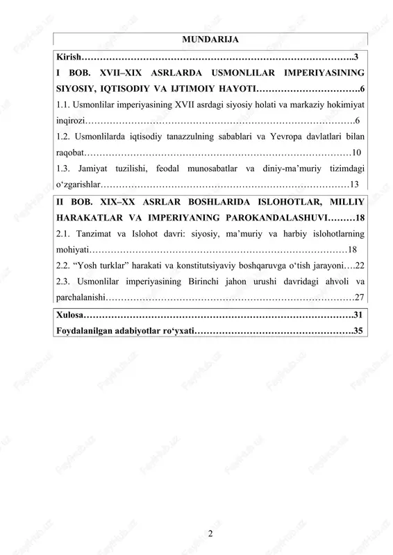 andi. mavzuning dolzarbligi shundaki, bu davr usmonlilar imperiyasining o‘z tarixiy yo‘lini tubdan o‘zgartirgan, modernizatsiya jarayonlariga kirishgan, lekin ichki siyosiy qarama-qarshiliklar va tashqi bosimlar natijasida parchalanishga yuz tutgan davrdir. ayniqsa, xix asrda boshlangan tanzimat va islohot davri, “yosh turklar” harakati, konstitutsiyaviy monarxiya tajribasi hamda birinchi jahon urushi jarayonlari nafaqat usmonlilar tarixini, balki butun yaqin sharq va yevropa tarixini o‘zgartirib yuborgan. bugungi kunda turkiya respublikasining siyosiy tizimi, dunyoviy davlat sifatida shakllanishi, hamda g‘arb bilan sharq o‘rtasidagi muvozanat siyosatining ildizlarini aynan o‘sha davr — usmonlilar imperiyasi so‘nggi asrlaridagi o‘zgarishlardan izlash mumkin. shu bois mazkur mavzuni o‘rganish nafaqat tarixiy jarayonlarni tahlil qilish, balki zamonaviy davlat boshqaruvi, madaniy o‘zlik va modernizatsiya masalalariga ham ilmiy asosda yondashish imkonini beradi. shuningdek, o‘zbekiston va turkiy xalqlar tarixi bilan usmonlilar imperiyasi o‘rtasida madaniy, diniy va siyosiy aloqalar mavjud bo‘lgan. shu nuqtai nazardan, mazkur mavzuning o‘rganilishi turkiy sivilizatsiyaning umumiy tarixini tahlil qilishda ham dolzarb ahamiyat kasb etadi. 2. kurs ishi …