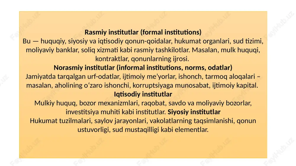 — patentlar, tarkibiy texnologik infratuzilma — innovatsiyalarni rag‘batlantiradi. empirik isbotlar va tadqiqot natijalari quyidagi tadqiqotlar institutlarning rivojlanishga ta’sirini ko‘rsatadi: oecd mamlakatlarida institutsional sifat (institutional quality) iqtisodiy o‘sishda muhim determinant hisoblanadi. masalan, prague economic papers maqolasida aytilishicha, institutlarning sifatini bir punktga oshirish — potentsial yaim per capita o‘sishini sezilarli darajada oshiradi. sub-saharan afrika mamlakatlarida 1984-2003 yillarda institutlarning sifati (hukumat barqarorligi, korrupsiya, etnik ziddiyatlar, ijtimoiy sharoitlar) iqtisodiy rivojlanish bilan bog‘liqligi aniqlangan. “institutions and economic development: how strong is the relation?” nomli maqolada, institutlarning 1% yaxshilanishi ishlab chiqarish ishchilarining chiqimi (output per worker) ni o‘rtacha ~5% ga oshirish mumkinligi ko‘rsatilgani, lekin bu munosabat hamma davlatlar uchun bir xil emasligi ta’kidlangan. yana bir tadqiqot: “institutions and economic growth: a new evidence from pakistan” maqolasida siyosiy institutlar iqtisodiy institutlar orqali o‘sishga ta’sir ko‘rsatadi, biroq agar siyosiy hokimiyat de jure (qonuniy shaklda) faqat elitalar manfaatida bo‘lsa, institutlar inklyuziv bo‘lmaydi va bu rivojlanishga to‘sqinlik qiladi. tadqiqotlar shuni …