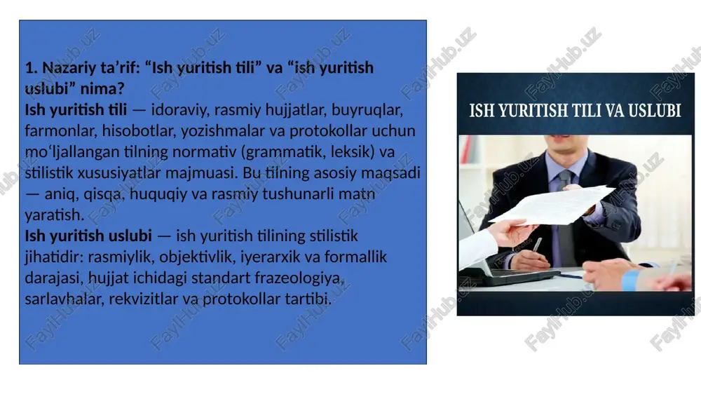 sh tilidagi asosiy qoidalar (amaliy) quyidagi qoidalar eng ko‘p uchraydigan va muhim bo‘lgan amaliy qoida va tavsiyalardir: aniq va qisqa yozing: ortiqcha frazalar va adabiy sheʼriy yoki noaniq iboralardan saqlaning. rasmiy frazeologiyani qo‘llang (masalan: “tasdiqlansin”, “buyurilsin”, “nazoratga olinsin”, “maʼlumot uchun yuborilsin”). bu frazalar hujjatning maqsadini aniq ko‘rsatadi. rekvizitlarga rioya qiling: hujjat boshida tashkilot nomi, indeks, raqam, sana; oxirida masʼul shaxs imzosi va vazifasi bo‘lishi kerak. termin va atamalar birxillashtirilgan bo‘lsin — texnik yoki huquqiy atamalarni standart shaklda ishlating; agar kerak bo‘lsa izoh yoki lug‘at qo‘shing. ortografiya va imlo qoidalariga qatʼiy amal qilish — davlat tilidagi hujjatlarda imlo xatolari hujjatning rasmiyligiga salbiy taʼsir ko‘rsatadi. 5. o‘zbek tilining ish yuritishda qo‘llanishi (amaliy misollar) davlat idoralari: hokimiyat qarorlari, buyruqlar, xatlar o‘zbek tilida yuritiladi. agar boshqa tillarda bo‘lsa, u faqat tarjima sifatida ko‘riladi. o‘quv muassasalari: buyruqlar, buyurtmalar, hisobotlar ko‘pincha o‘zbek tilida. lekin xalqaro aloqalarda inglizcha yoki ruscha ham ishlatiladi. biznes: shartnomalar ko‘pincha ikki tilda …