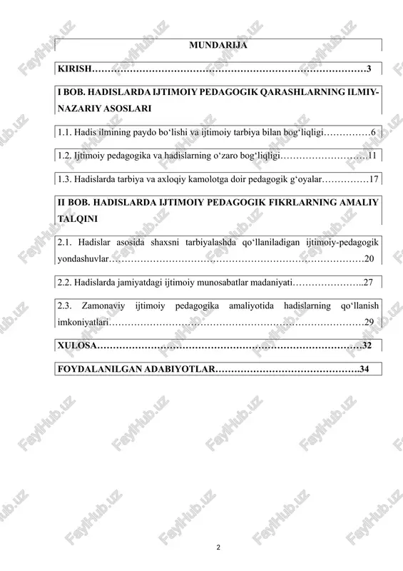 oiy jihatdan faol, milliy qadriyatlarga sodiq, ma’naviy barkamol qilib tarbiyalashda hadislarning ahamiyati beqiyosdir. chunki ularning mazmunida ijtimoiy pedagogikaning nazariy asoslari — insonni tarbiyalash, jamiyatdagi ijobiy munosabatlarni shakllantirish va ijtimoiy muhitda komil shaxsni voyaga yetkazish g‘oyalari mujassamdir. shuning uchun mazkur mavzu bugungi kunda dolzarb ilmiy yo‘nalish sifatida katta ahamiyat kasb etadi. tadqiqotning obyekti va predmeti tadqiqot obyekti – hadislar va ularda aks etgan ijtimoiy-pedagogik g‘oyalar, ularning tarbiya jarayonidagi o‘rni va amaliy ahamiyatidir. tadqiqot predmeti – hadislar asosida shakllangan ijtimoiy-pedagogik fikrlar tizimi, ularning inson tarbiyasi, axloqiy shakllanishi va ijtimoiy muhitga ta’siri mexanizmlarini o‘rganishdir. tadqiqotning maqsadi va vazifalari maqsad – hadislar asosida ijtimoiy pedagogikaning nazariy va amaliy jihatlarini tahlil qilish, ularning zamonaviy ta’lim-tarbiya jarayonidagi o‘rnini aniqlash hamda ijtimoiy muhitda ma’naviy barkamol shaxsni tarbiyalashdagi ahamiyatini yoritishdan iborat. tadqiqot vazifalari: hadis ilmining paydo bo‘lishi va uning ijtimoiy-pedagogik mazmunini o‘rganish; hadislar orqali ijtimoiy qadriyatlar, axloqiy tamoyillar va tarbiya jarayonini ilmiy tahlil qilish; payg‘ambarimiz (s.a.v.) hadislarida jamiyat …