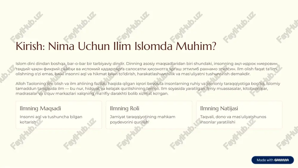martabada turganini anglatadi. shuningdek, surah ta'arif 32-ayatida aytiladi: "allohga, uning farishtalariga va ashos va 'alomga shahidlik beran, yoqinlardan, yani ilm ahllardan va kuchli qo'lga birinchi bo'lib kirtashmalar qilingan shukrona suyuqla'yan devorlarvachon o'linmaydilar." surah al-alaq 1-5 "iqra" 4 o'qi! alloh ilm-hikmatning asosidir. u insonni qalamdanga ilm keltirgusi ilm orqali yaratdi va insonni ilm berdi. surah zumar 9 ilm ahllar alloh ko'z oldida yuqori martabada turadi. ularbir jilm olinib, til- jigar jihod ko'rsatmaydi. surah fath 29 nabi alaihissalomni tasvirida alloh ilm ahlini yodda tutgan buyuk shahslar deb aytgan. qur'oni karim juda ko'p joyda ilm olish va ilmi bilim olingan shakhslarning fazilati to'g'risida gapiradi. bu oyatlar islomiy ta'limotning markazidir 4 ilm faqat ta'rif emas, balki insonning hayoti va akhiratiga tegishli eng muhim shodiydir. https://gamma.app/?utm_source=made-with-gamma hadislarda ilim olishga targ'ib va uning ahamiyati hadis-i shariflar islom dini va nabi muhammad (s.a.v) ning ijtimoiy faoliyatining most-muhim manbasidur. hadislarda ilm olishning ahamiyati va ilm ahlining fazilati ko'p …