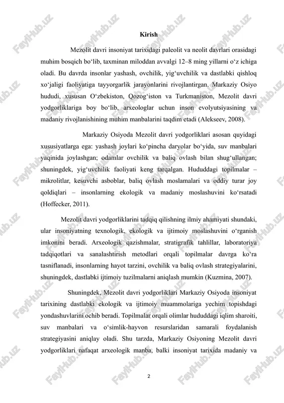 chib beradi. topilmalar orqali olimlar hududdagi iqlim sharoiti, suv manbalari va o‘simlik-hayvon resurslaridan samarali foydalanish strategiyasini aniqlay oladi. shu tarzda, markaziy osiyoning mezolit davri yodgorliklari nafaqat arxeologik manba, balki insoniyat tarixida madaniy va ekologik moslashuvning dastlabki izlarini o‘rganishda muhim ahamiyat kasb etadi. shunday qilib, mezolit davri yodgorliklarini tadqiq etish markaziy osiyo arxeologiyasining asosiy ilmiy vazifalaridan biri bo‘lib, inson evolyutsiyasining, texnologik rivojlanishning va ijtimoiy tuzilmalarining dastlabki bosqichlarini chuqur tushunishga xizmat qiladi. 1. markaziy osiyoda mezolit davri yodgorliklarining paydo bo‘lishi mezolit davri, ya’ni o‘rta paleolit va neolit davrlari orasidagi davr, taxminan miloddan avvalgi 12–8 ming yillarni o‘z ichiga oladi. markaziy osiyo hududi, xususan o‘zbekiston, qozog‘iston va turkmaniston, mezolit davri yodgorliklari bilan boy bo‘lib, bu hudud insoniyat tarixida dastlabki ekologik va texnologik moslashuv jarayonlarini o‘rganish uchun noyob manba hisoblanadi (kuzmina, 2007). arxeologik qazishmalar shuni ko‘rsatadiki, mezolit davri odamlarining yashash joylari ko‘pincha daryo va ko‘l sohillarida joylashgan bo‘lib, suv manbalariga yaqin hududlarda ovchilik va …