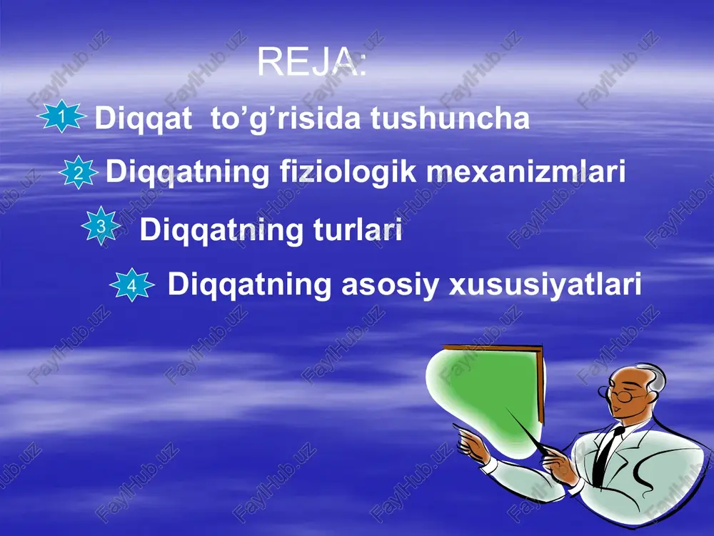 linishiki, bunda aynan bir vaqtning o`zida diqqatimiz ikkita va undan ortiq narsalarga qaratiladi. diqqat tebranish xususiyatiga ham egadir. agar juda kuchsiz, zo`rg’a eshitiladigan ovozga quloq soladigan bo`lsak, masalan, soatning chiqqillashiga quloq solsak, diqqatimiz jiddiy qaratilgan bo`lishiga qaramay, bu ovoz gox baland, gox past eshitiladi. diqqatning ko`chishi deganda uning bir faoliyatdan ikkinchi faoliyatga tez o`tishini tushunamiz. masalan, maruzalarda o’tirganlar diqqati maruza tinglashdan uni yozishga, so’ng yozganini tushunishga, yana maruza tinglashga tez ko’chib turadi. parishonxotirlik – bu diqqatning kerak bo`lganida boshqa ob’ektga tez ko’chmasligidir. parishonxotirlik diqqatning salbiy xususiyati bo`lib xisoblanadi. uni ikki xil ma’noda tushunish mumkin: biri kerak bo`lganida diqqatning ko’chmasligi bo`lsa, ikkinchisi, aksincha, uning bir faoliyat ustida to’xtab turmasdan chalg’ib ketaverishidir . diqqatning salbiy xususiyatlaridan yana biri uning chalg`ishidir. diqqatning chalg`ishi deganda uning asosiy faoliyatdan ikkinchi darajali narsalarga o`tib ketaverishi tushuniladi. diqqatning xususityalariga uning ko`lamini ham qo’shish mumkin. diqqat ko`lami jixatdan tor va keng bo`lishi mumkin. buni biz taxistoskop degan asbobda …