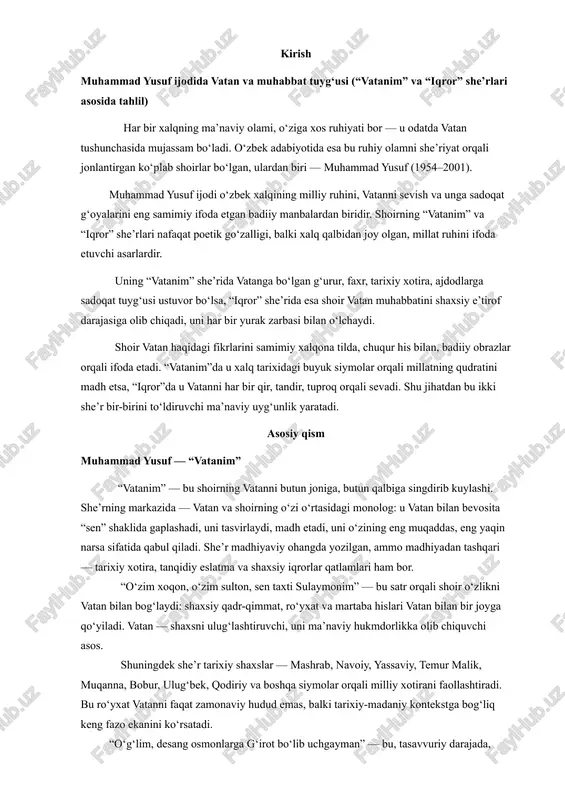 i millatning qudratini madh etsa, “iqror”da u vatanni har bir qir, tandir, tuproq orqali sevadi. shu jihatdan bu ikki she’r bir-birini to‘ldiruvchi ma’naviy uyg‘unlik yaratadi. asosiy qism muhammad yusuf — “vatanim” “vatanim” — bu shoirning vatanni butun joniga, butun qalbiga singdirib kuylashi. she’rning markazida — vatan va shoirning o‘zi o‘rtasidagi monolog: u vatan bilan bevosita “sen” shaklida gaplashadi, uni tasvirlaydi, madh etadi, uni o‘zining eng muqaddas, eng yaqin narsa sifatida qabul qiladi. she’r madhiyaviy ohangda yozilgan, ammo madhiyadan tashqari — tarixiy xotira, tanqidiy eslatma va shaxsiy iqrorlar qatlamlari ham bor. “o‘zim xoqon, o‘zim sulton, sen taxti sulaymonim” — bu satr orqali shoir o‘zlikni vatan bilan bog‘laydi: shaxsiy qadr-qimmat, ro‘yxat va martaba hislari vatan bilan bir joyga qo‘yiladi. vatan — shaxsni ulug‘lashtiruvchi, uni ma’naviy hukmdorlikka olib chiquvchi asos. shuningdek she’r tarixiy shaxslar — mashrab, navoiy, yassaviy, temur malik, muqanna, bobur, ulug‘bek, qodiriy va boshqa siymolar orqali milliy xotirani faollashtiradi. bu ro‘yxat …