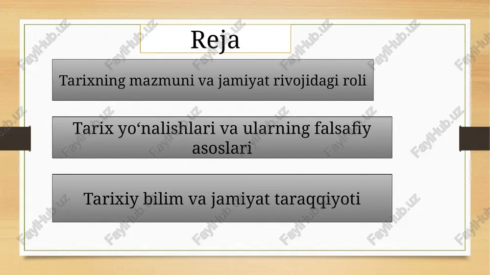larini tushunishga yordam beradi. iqtisodiy tarix mehnat, ishlab chiqarish, savdo, moliya va iqtisodiy tizimlarning rivojlanishini o‘rganadi. falsafiy asos: jamiyatning moddiy farovonligi, sinfiy munosabatlar va iqtisodiy taraqqiyot nazariyalarini tahlil qiladi. madaniy va ma’naviy tarix san’at, adabiyot, diniy va ma’naviy qadriyatlarning rivojlanishini o‘rganadi. falsafiy asos: inson tafakkuri, madaniy meros va ijtimoiy qadriyatlarning shakllanishini tushuntiradi. harbiy va texnologik tarix urushlar, qurollanish, texnologik ixtirolar va ilmiy yutuqlar tarixini o‘rganadi. falsafiy asos: insoniyat taraqqiyotining xavfsizlik, ilm-fan va texnologiya bilan bog‘liqligini ko‘rsatadi. tarixiy bilim va jamiyat taraqqiyoti tarixiy bilim va jamiyat taraqqiyoti tarixiy bilim — bu insoniyatning o'tmishdagi voqealar, hodisalar va jarayonlar haqidagi ilmiy tushunchalar majmui bo‘lib, jamiyat taraqqiyoti uchun quyidagi jihatlarda muhim ahamiyatga ega: tajriba manbai sifatida tarixiy bilim jamiyatga o‘tgan xatolar va muvaffaqiyatlardan saboq olish imkonini beradi, shuningdek, ijtimoiy muammolarni oldindan ko‘ra olishga yordam beradi. ijtimoiy qarorlar qabul qilishda asos siyosiy, iqtisodiy va madaniy sohalarda qarorlar tarixiy tajriba va ma’lumotlar asosida puxta qabul qilinadi. …