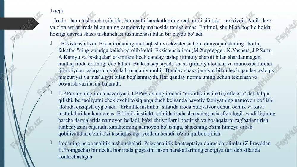 ja sechenov va i.p. pavlov "ixtiyoriy harakatlar" nazariyasini va ularning fiziologik qonuniyatlarini asoslab berdi, shuningdek, ularning shartli refleksli tabiatini va atrof-muhit sharoitlari bilan aniqlanishini isbotladi. ixtiyoriy harakatlar uchun nervlarni boshqarish markazlari oldingi markaziy girus hududida joylashgan miya yarim korteksining motor sohasida to'plangan. bu soha korteksning barcha sohalari bilan - barcha analizatorlarning kortikal uchlari bilan bog'langan. uning har qanday hududida paydo bo'lgan qo'zg'alish vosita maydoniga etib boradi va shunga o'xshash jarayonni keltirib chiqaradi. masalan, vizual analizatorning kortikal uchidan qo'zg'alish vosita reaktsiyasi uchun tetik bo'lib xizmat qilishi mumkin. irodaviy harakat mexanizmi birinchi va ikkinchi signal tizimlari asosida ishlaydi. shu munosabat bilan i.p. pavlovning aytishicha, inson voqelikni birinchi signal tizimi orqali idrok etadi, keyin ikkinchi signal tizimi orqali voqelikning ustasiga aylanadi. miya yarim korteksining turli markazlari o'rtasidagi vaqtinchalik aloqalar asosida turli xil assotsiatsiyalar va ularning tizimlari shakllanadi va mustahkamlanadi, bu esa o'z navbatida maqsadli xatti- harakatlar uchun sharoit yaratadi. irodaviy faoliyatning regulyatori - …