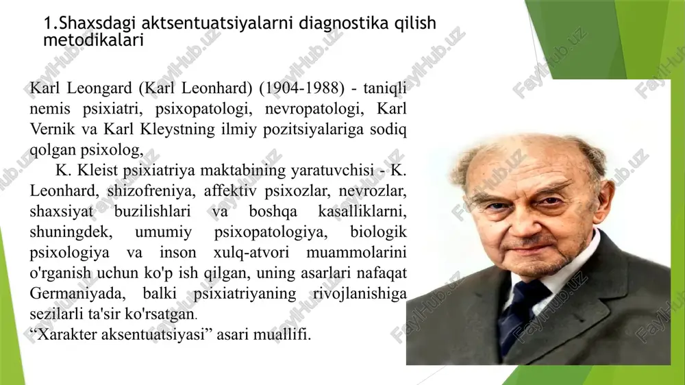 saqlanishi; 4. qo‘zg‘aluvchan tip - impulsivlik; 5. gipertim tip - doimo ko‘tarinki kayfiyatning ustuvorligi; 6. distim tip - gipertimning aksi, hayotning achchiq, qora tomonlariga etiborlilik, passivlik; 7. xavotirli tip - omadsizliklardan cho'chish,kuchli xavotirlanish, tortinchoqlik, o‘z kuchlariga ishonmaslik; 8. siklotim tip - gipertim va distim holatlami doimiy almashinib turishi; 9. ekzaltir tip - quvonchli holatlarga va qayg'uga kuchli reaksiya ko‘rsatish, haddan ortiq ta’sirchanlik; 10. emotiv tip - yumshoq ko‘ngi!lilik, dilkashlik,yuqori empatiya, yigioqilik. 2.shaxsning psixologik tiplarini aniqlash metodikasi psixogeometrik test: «kimsiz: kvadrat, aylana, to’rtburchak, uchburchak, zig-zag?» ushbu test shaxsga aloqador bir qancha muhim o’ziga xos xulq-atvor sifatlarni qisqa muddatda aniqlashga imkon beradi. tavsiya etilgan geometrik figuralardan qaysi biri sizga yaqinligini belgilang va unga «1» raqami qo’ying. qolganlarni ham yoqishiga qarab, 5 gacha baholab chiqing. 3. mas’uliyatning o’lchash va uning psixodianostikadagi turlari. lokus nazorat metodikasi (dj.rotter metodikasi). julian rotter (ing. julian rotter; 1916 yilda tugʻilgan, bruklin) — amerikalik psixolog, nufuzli nazariyalar muallifi, jumladan, …