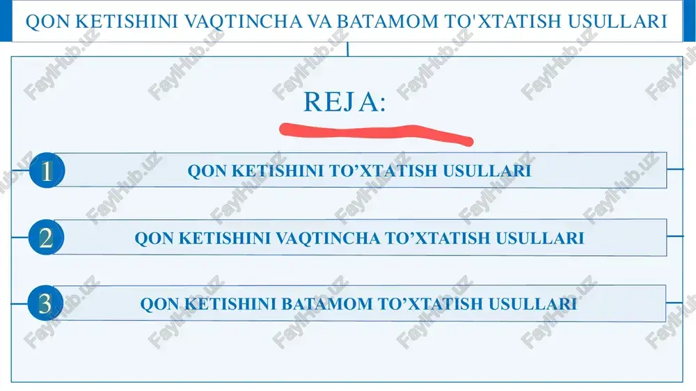 qon ketganda qo'llash mumkin, arterial qon ketganda esa jgutdan foydalanish maqsadga muvofiqdir. buning uchun qon ketayotgan joyga individual paketlardagi sterillangan bog'lamlardan, ular bo'lmasa qizdirilgan dazmol bosilgan dokani bir necha qavat qilib, ustiga toza paxta qo'yiladi va aylantirib tortib bog'lanadi. agar doka yoki bint bo'lmasa, toza matodan ham foydalanishi mumkin. bemor uchun o'ta xavf tug'diradigan qon ketish kuzatilsa, qo'l ostida bor matoni ishlatish mumkin. bosib turadigan bog'lam mayda tomirlarni yumshoq to'qimalarga bosib turganda qon ketish tez to'xtaydi. ichki a'zolardan, masalan qizilo'ngachdan qon ketganda blekmor zondidan foydalansa bo'ladi blekmor zondi qon ketishini vaqtincha to’xtatish usullari vaqtincha qon to'xtatishning quyidagi usullari bor: b. qo'l-oyoqni ko'tarib turish. bunda qon ketishining qisman kamayishi ijobiy ta'sir ko'rsatadi. ko'pincha bu usulni vena tomiri shikastlanganda qo'llash maqsadga muvofiqdir. d. qo'l bilan katta magistral arterial tomirlarni bosib turish. vaqtincha qon to'xtatishning bu usulida tomir yaqinidagi suyakka bosib turiladi. qon ketishini vaqtincha to’xtatish usullari ❖ uyqu arteriyasini to'sh-o'mrov mushagining ichki …