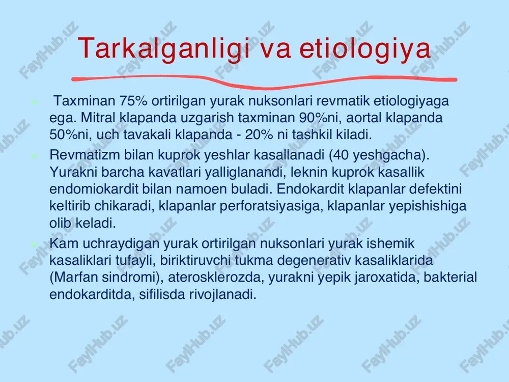 tar 1925 y. barmoqli komissurotomiya qilib bartaraf qilgan.  aortal klapan yetishmovchilik  yakka xolda 3,7 % kasallarda uchraydi. erkaklarda ayollarga nisbatan 10 barobar kup uchraydi.  yurak nuqsonlari tufayli ulganlar ichida aortal klapan yetishmovchiligi tufayli ulganlar 14 % ni tashkil qiladi.  aortal klapan yetishmovchiligida 5-50 % qon diastola paytida qaytib chap qorinchaga chiqadi bu esa uz navbatida qorinchani kompensator kengayishiga olib keladi va keinchalik u dekompensatsiyaga utadi. aortal stenoz  aortal stenoz yurak nuqsonlari tufayli ulganlarni ichida 20-23 % uchraydi.  kupincha yesh va urta yoshli insonlarda va kuproq ayollarga nisbatan erkaklarda uchraydi (2,4:1).  aortal klapan torayishi chap qorinchadan qon chiqishini qiyinlashtiradi shu tufayli kompensator ravishda chap qorincha sitolasi uzayadi va undagi bosm oshadi. «aorta-chap qorincha» bosmi gradienti 50-150 mm sm. ust., gacha bulishi mumkin. aortal stenoz yurak ishemik kasaligi.  45-64 yeshda yuik urtacha barcha ulimlarni 53 % ni taklil qiladi.  aqsh da taxminan bir …