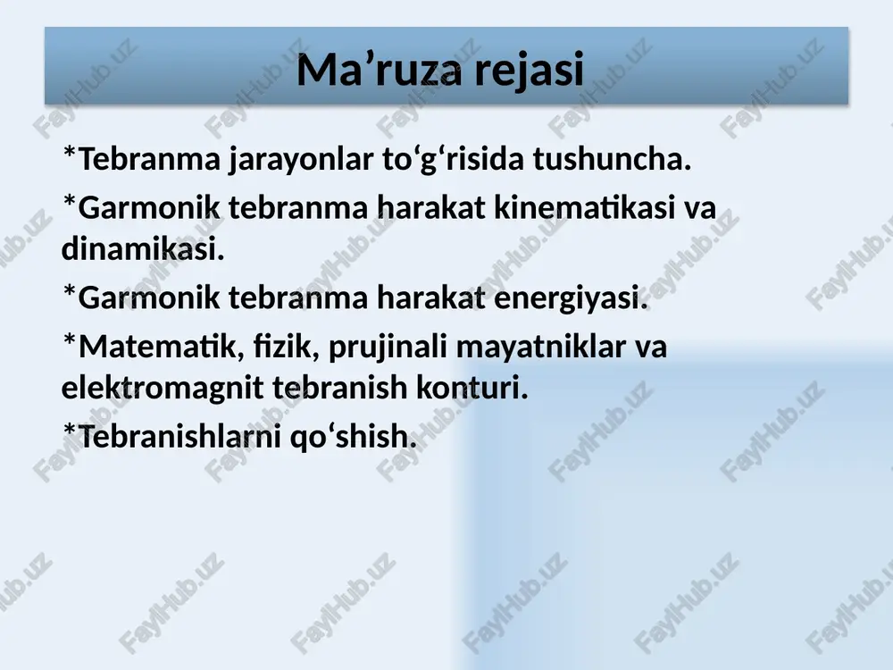 fida  burchak tezlik bilan aylanadigan bo’lsa, u vaqtda vektorning x o’qiga proyeksiyasi quyidagi qonun bo’yicha tebranadi: 7 mexanik garmonik tebranishlar ko’chish: tezlik: tezlanish: tezlik va tezlanishlarning amplitudalari quyidagichadir tezlik fazasi ko’chish fazasidan  /2 ga farq qiladi, tezlanish fazasi ko’chish fazasidan  ga farq qiladi. 8 m massali tebranayotgan moddiy nuqtaga ta’sir etuvchi kuch moddiy nuqtaga ta’sir etuvchi kuch moddiy nuqta ko’chishiga proporsional va ko’chishga teskari tomonga (muvozanat nuqtasiga) yo’nalgandir 9 garmonik tebranayotgan moddiy nuqtaning energiyasi to’la energiya o’zgarmasdan qoladi, vaqt o’tishi bilan faqat kinetik energiya, potensial energiyaga o’tadi va teskarisi sodir bo’ladi. kinetik energiya potensial energiya 10 garmonik osstillyatorlar tebranishi quyidagi differensial tenglama bilan ifodalanadigan tizimlar garmonik osstillyatorlar deb ataladi. prujinali mayatnik matematik mayatnik elektr tebranish konturi fizik mayatnik 11 prujinali mayatnik ishqalanish kuchi hisobga olingandagi harakat tenglamasi r –qarshilik koeffitsiyenti prujinali mayatnik – yuqori tarafi qo’zg’almas etib qotirilgan spirally prujinaning pastiga ilingan m – massali yukchadan iboratdir, …