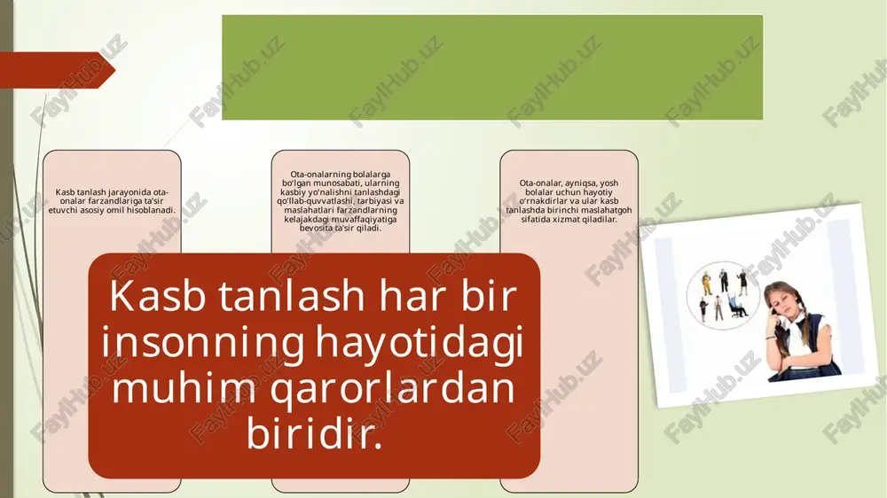 ko‘rsatib, ularga imkoniyat yaratishlari kerak. bu, o‘z navbatida, bola o‘zini ishonchli his qilishi va kelajakdagi o‘z orzulariga erishish uchun to‘g‘ri yo‘lni tanlashga motivatsiya beradi. kasb tanlashda rag'batlantirish, birinchi navbatda, bolani o‘ziga bo‘lgan ishonchni mustahkamlashdan iborat. ota-onalar farzandining o‘z qobiliyatlariga ishonishini, o‘z orzulariga erishish uchun to‘g‘ri yo‘nalishda harakat qilishini ta'minlashi zarur. agar ota-onalar bolaga ijobiy qarashlar, muvaffaqiyatli yutuqlarni qadrlash, mehnatning ahamiyatini tushuntirish orqali rag‘batlantirishsa, bu farzandning kelajakdagi kasb tanlashida ishonchli qaror qabul qilishiga yordam beradi. ota-onalar va maslahatlar ota-onalar bolalarga kasb tanlashda faqat rag'batlantirish bilan cheklanmasdan, ularni turli kasblar haqida batafsil ma'lumot bilan ta'minlashlari kerak. ular o'z kasblari haqidagi tajribalari, kasb sohasidagi o'zgarishlar, talablar va kelajakdagi imkoniyatlar haqida maslahatlar bera olishadi. masalan, agar ota yoki ona tibbiyot sohasida ishlasa, ular farzandiga tibbiyot kasblari haqida maslahatlar berishi va unga bu yo'nalishda o'qish uchun zarur bo‘lgan bilimlar va ko‘nikmalarni o‘rgatishi mumkin. shuningdek, ota-onalar kasb tanlashda farzandining qiziqishlariga mos keladigan sohani tanlashga yordam berishi …
