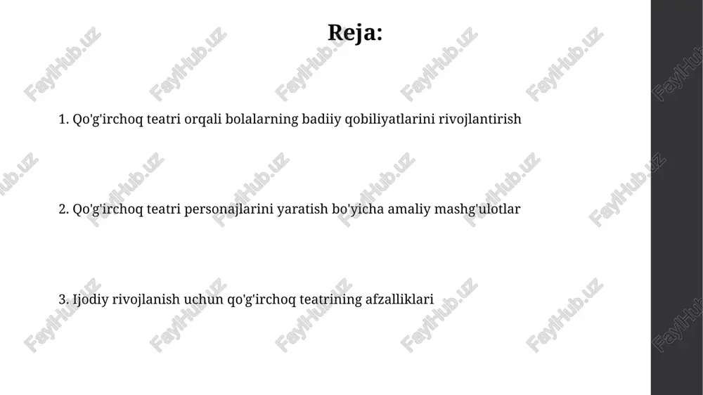 matodan foydalanishi mumkin, bu bolalarning taktil hissiyotini rivojlantiradi va ijodiy tafakkurini kengaytiradi. qo'lda yasalgan qo'g'irchoqlar 5-10 yoshli bolalarga mo'ljallangan bo'lib, ularning kichik motorikasini yaxshilashga yordam beradi va sabr-toqatni oshiradi. murakkab qo'g'irchoqlarni yasash bo'yicha maslahatlar murakkab qo'g'irchoqlar yasashda 3-4 qatlamli matolardan foydalanish, har bir qatlamga turli xil faktura va rang berish vizual boylik yaratadi. qo'g'irchoqning har bir elementini (bosh, qo'l, oyoq) alohida harakatlantirish uchun 5-6 ta ipdan foydalanish harakat erkinligini oshiradi. personajlarga ovoz berish va ularni harakatga keltirish qahramon ovozini 1 dan 10 gacha bo'lgan diapazonda o'zgartirish orqali uning shaxsini ochib berish, har bir raqam ovoz tembri balandligini ifodalaydi. qo'g'irchoq harakatini tezlik va kuch nuqtai nazaridan tahlil qilish; 0.5 tezlik - sekin harakat, 2 kuch - kuchli turtki degani. sahna bezaklarini yaratish sahna bezaklari 1. rang palitrasi va 2. teksturani qo'llash orqali 3 o'lchamli makon illyuziyasini yaratishi kerak, tomoshabinlar e'tiborini qaratish uchun. yoritish 4. muhitni belgilaydi, 5. soya va 6. rangni …