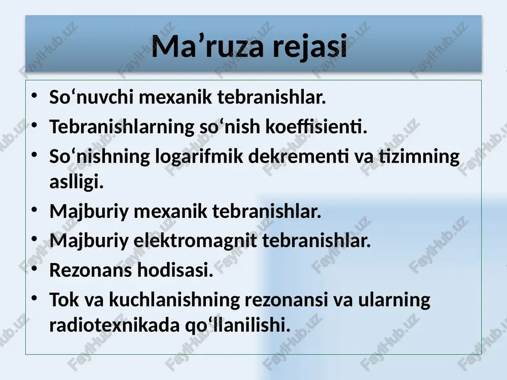 kka aytiladi (bitta shartli so‘nuvchi tebranish davrida): w(t) energiya a(t) amplituda kvadratiga proporsionaldir - 7 tebranish tizimining aslligi so‘nishning logarifmik dekrementini kichik qiymatlarida x ning kichik qiymatlarida 8 erkin so‘nuvchi tebranishlar prujinali mayatnik tebranuvchi kontur mexanik tebranish — elastiklik kuchi va ishqalanish kuchi– ta’sirida m massali prujinali mayatnikning kichik tebranishlaridir. ( r – qarshilik koeffisiyenti) elektromagnit tebranishlar —r qarshilik, l induktivlik va c sig’imdan iborat bo‘lgan tebranish konturidagi tebranishlardir. 9 erkin so‘nuvchi tebranishlar prujinali mayatnik tebranish konturi tebranish kattalik x muvozanat holatiga nisbatan siljishlar q zaryad tebranishning differensial tenglamasi so‘nmaydigan tebranishlarning xususiy chastotasi - 0  - so‘nish koeffitsiyenti 10 erkin so‘nuvchi tebranishlar prujinali mayatnik tebranish konturi so‘nuvchi tebranishlar chastotasi q - asllik tebranishlar amplitudasi tebranish qonuni 11 sinusoidal kuch ta’siridagi majburiy tebranishlar garmonik qonuniyat o‘zgarishidagi faktorlar ta’siri ostida sodir bo‘ladigan tebranishlar majburiy tebranishlar deb ataladi. majburiy garmonik tebranishlarning differisial tenglamalari  – so‘nish koeffitsiyenti 0 – tebranishning xususiy chastotasi …