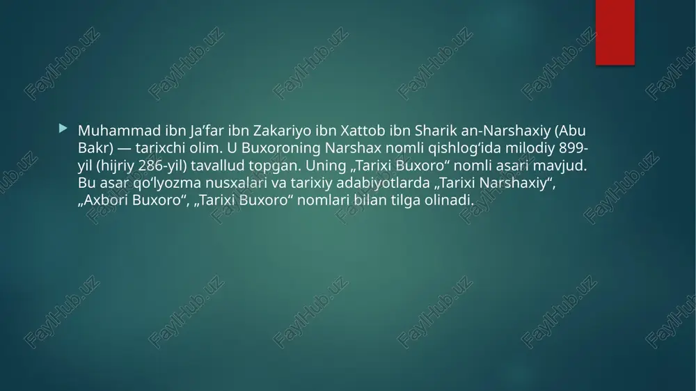 b boʻldi. fransuz sharqshunosi ch. shefer 1892-yili parijda “buxoro tarixi”ni nashr etdi. bu asarni samarkand uyezdining sobiq boshligʻi, polkovnik n. likoshin rus tiliga tarjima qilib, 1897-yili toshkentda, oʻzbek maʼrifatchisi mulla sulton soʻzboshi bilan 1904-yili buxoroda, eron olimi mudaris rizaviy 1939-yili tehronda, angliya sharqshunosi r. fray 1954-yili kembrijda nashr etgan. nihoyat, 1966-yili oʻzbek tilida sodiq mirzayev tarjimasida toshkentda nashr etildi. 200-yildan ziyod vaqt davomida yozilgan qurʼon tavsiflari tabariyning (838-923) fundamental “tafsir” kitobida umumlashtirilgan. bu asarning nufuzi bizningcha, avvalgi koʻpchilik asarlarni muomaladan siqib chiqargan boʻlishi mumkin. tabariy tafsiri juda katta hajmda (bosma nashrda 30 jild) ekanligidan qatʼi nazar, juda koʻp xattotlar uni qunt bilan qayta-qayta koʻchirib yozganlar. shu tufayli bu asarning koʻpgina nusxalari bizgacha etib kelgan. tabariy, narshaxiy, beruniy asarlarini tarixshunoslik yuzasidan tahlil qilishga oʻtishdan avval islom diniga doir bir masala ustida toʻxtashimiz lozim. maʼlumki, qurʼon va muhammad paygʻambar hadislari hikmatli soʻzlari imon ramzi, shari¬at islom huquqshunosligi va ilohiyot fanlarini tashkil etadi. …