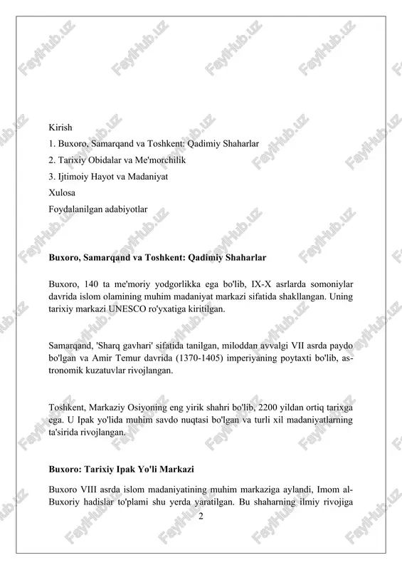 dni imperiyasining poytaxti sifatida tanladi va uni 1370 yildan 1405 yilgacha, 35 yil davomida ulkan qurilish loyihalari bilan bezatdi. bibixonim masjidi, amir temurning buyrug'i bilan 1399 yildan 1404 yilgacha qurilgan bo'lib, o'sha davrning eng ulkan va hashamatli diniy inshootlaridan biri edi. go'ri amir maqbarasi, temurning o'limidan so'ng 1405 yilda boshlangan va uning nabirasi ulug'bek tomonidan 1420-yillarda yakunlangan, samarqanddagi muhim arxitektura yodgorligidir. registon maydoni: samarqandning yuragi registon maydoni xv-xvii asrlarda qurilgan uchta madrasadan iborat: ulug‘bek, sherdor va tillakori madrasalari o‘zining monumental arxitekturasi bilan mashhurdir. ulug‘bek madrasasi astronomiya va matematikaga katta e’tibor qaratgan, 1417-1420 yillarda barpo etilgan bo‘lib, unda 100 ga yaqin talaba tahsil olgan. tillakori madrasasi 1646-1660 yillarda qurilgan bo‘lib, uning masjidida oltin bilan bezatilgan mehrob bor, bu esa unga “tilla” nomini bergan, ya'ni “oltin bilan qoplangan” degan ma’noni anglatadi. toshkent: zamonaviy poytaxt va qadimiy meros toshkent 2,2 milliondan ortiq aholiga ega boʻlib, oʻzbekistonning eng yirik shahri va siyosiy, iqtisodiy, madaniy …