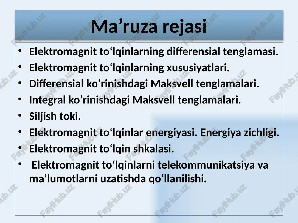 g har bir nuqtasida ifodalaydigan rotor zaryadning hajmiy zichligi tok zichligi 9 bir jinsli va izotrop dielektrik uchun maksvell tenglamalari 10 integral shakldagi maksvell tenglamalarining umumiy ko‘rinishi 11 birinchidan, gauss teoremasiga asosan musbat va manfiy zaryadlar elektr maydonini hosil qiladilar. bu maydon potensial xarakterga ega ikkinchidan, faradey qonuniga asosan o‘zgaruvchan magnit maydoni uyurmali elektr maydonini vujudga keltiradi. elektromagnit induksiya qonunining xulosasi: o‘zgaruvchan magnit maydoni uyurmali elektr maydonini vujudga keltiradi. q = ρ dv zaryadlar to‘plamini o‘rab oluvchi ixtiyoriy yopiq sirtdan o‘tuvchi elektr maydon kuchlanganligi vektori oqimi uchun ostrogradskiy-gauss teoremasi 12 siljish toki siljish tokini zaryadlarning tartibli harakati emas, balki o‘zgaruvchan tokka o‘xshab magnit maydoni vujudga keltiradi. siljish tokining zichligi o‘tkazuvchanlik va siljish toklarining yig‘indisi to‘la tok deb aytiladi va uning zichligi quyidagiga teng 13 bu ikki tenglama magnit maydoni to‘g‘risidagi tenglamalardir. magnit maydoni doimo uyurmali xarakterga ega. shu sababli, gauss teoremasiga asosan magnit induksiyasi vektori oqimi doimo nolga tengdir. magnit …