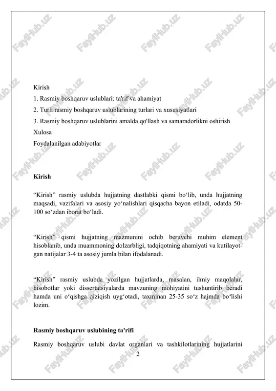 javobgarligini oshiradi. avtokratik uslub avtokratik uslubda rahbar yagona qaror qabul qiladi, xodimlarning fikrini hisobga olmaydi. bu uslub 1930-1940 yillarda keng tarqalgan, lekin hozirda uning samaradorligi past deb baholanadi. bu uslubda boshqaruvchi 90% hollarda o'zi buyruq beradi va ijroni nazorat qiladi, xodimlar esa 10% holatda taklif kiritishi mumkin. kamchiliklari: xodimlar tashabbuskorligini susaytiradi. avtokratik uslub favqulodda vaziyatlarda samarali bo'lishi mumkin, bunda tezkor qaror qabul qilish muhim. lekin, uzoq muddatda xodimlarning motivatsiyasi 25% gacha kamayishi mumkin. byurokratik uslub byurokratik uslubda 1930-1980-yillarda keng qoʻllanilgan rasmiy hujjatlar, qat'iy qonun-qoidalar va standartlashtirilgan iboralar orqali ish yuritish asosiy xususiyatlardan biri hisoblanadi. ushbu uslub uchun xos boʻlgan 5-7 ta belgi mavjud: aniqlik, rasmiylik, qat'iylik, tartiblilik va standartlashtirish. vazifalarni bajarishda xodimlarning shaxsiy fikri hisobga olinmaydi. byurokratik uslubda tayyorlangan 10 dan ortiq turdagi hujjatlar mavjud boʻlib, ularga buyruqlar, farmoyishlar, nizomlar, yoʻriqnomalar va shartnomalar kiradi. demokratik uslub "demokratik uslub"da xodimlarga 2 tomonlama aloqa orqali ta'sir o'tkaziladi, rahbarlar esa qaror qabul qilishda …