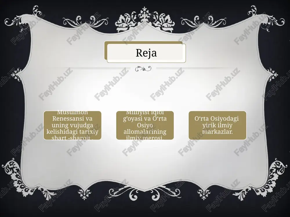 rsatgan. ibn sino — o‘rta asrlarning eng mashhur olimlaridan biri. uning eng mashhur asari "tib qonunlari" bo‘lib, u yevropada 16-asrgacha asosiy tibbiy qo‘llanma sifatida ishlatilgan. ibn sino tibbiyot, astronomiya, matematikada ham katta yutuqlarga erishgan va falsafiy qarashlari ham islom falsafasining rivojlanishiga katta ta’sir ko‘rsatgan. al-beruniy, asosan, geografiya, astronomiya, matematika va tarix sohalaridagi ilmiy ishlari bilan mashhur. u hindistonni ilmiy o‘rganib, "hindiston" nomli asarini yaratgan va bu asar o‘z zamonasida hindiston haqidagi eng to‘liq ilmiy ma’lumotlarni o‘z ichiga olgan. al-farobiy, asosan, falsafa, mantiq, musiqa va astronomiya sohalarida katta yutuqlarga erishgan. uning asarlari, ayniqsa, aristotelning ilmiy qarashlarini islomiy tafakkurga moslashtirishga yordam bergan. al-xorazmiy algebra fani asoschisi sifatida tanilgan. uning "al-kitab al-muhtasar fi hisob al-jabr val-muqobila" asari algebra sohasida eng muhim asar hisoblanadi va bu fanning rivojlanishiga katta hissa qo‘shgan. ilmiy markazlar: bag‘dod, buxoro, samarqand va kordova kabi shaharlar ilm-fan va madaniyat markazlariga aylangan, islomning o‘rta asrlaridagi ekspansiyasi va ilmiy izlanishlarning rivojlanishi sharq …