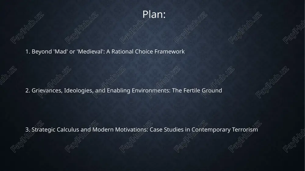 uence. terrorist groups often use violence strategically to achieve specific, measurable political goals, such as territorial control or policy changes, evaluating costs versus benefits, not just aimless destruction. modern terrorist tactics, including online radicalization and sophisticated bomb-making, reflect strategic adaptation using 21st-century technology to maximize impact and evade counterterrorism measures. thank you for your attention image2.png