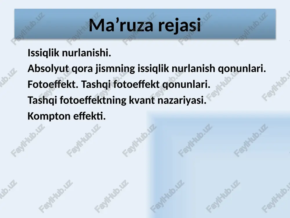 a jismlar deb ataladi. barcha chastota va haroratlarda absolyut qora jismning spectral yutish qobiliyati birga teng bo’ladi: absolyut qora jismlar: kul qora duxoba yulduzlarning nurlayotgan sirti absolyut qora jism uchun kirxgof qonyni iq 7 infraqizil soha ultrabinafsha soha chastota oshganda - to’lqin uzunligi kamayadi uy 8 nur yutish qobiliyati birdan kichik, barcha chastotalar diapazonida bir xil,material haroratiga va jismning sirti holatiga bog’liq bo’lgan jismlar kul rang jismlar deb ataladi. kul rang jismning energetic nur chiqarish qobiliyati (𝝂 bo’yicha integral): absolyut qora jism nafaqat yoryg’likni yutadi, balki nur chiqaradi, shu sababli, ma’lum haroratda issiqlik muvozanati holati vujudga keladi. absolyut qora jism issiqlik nurlanishi sifatida qancha energiya yutgan bo’lsa, shuncha chiqaradi . 9 stefan-bolsman qonuni qora jismning nur chiqarish qobiliyati to’lqin uzunligiga bog’liq bo’lib λmax da maksimumga erishadi. ana shu to’lqin uzunligi issiqlik nurlanishining ehtimoli katta bo’lgan to’lqin uzunligi deb ataladi. qora jismning energetic yoritilganligi termodinamik haroratning to’rtinchi darajasiga proporsionaldir: - stefan-bolsman …
