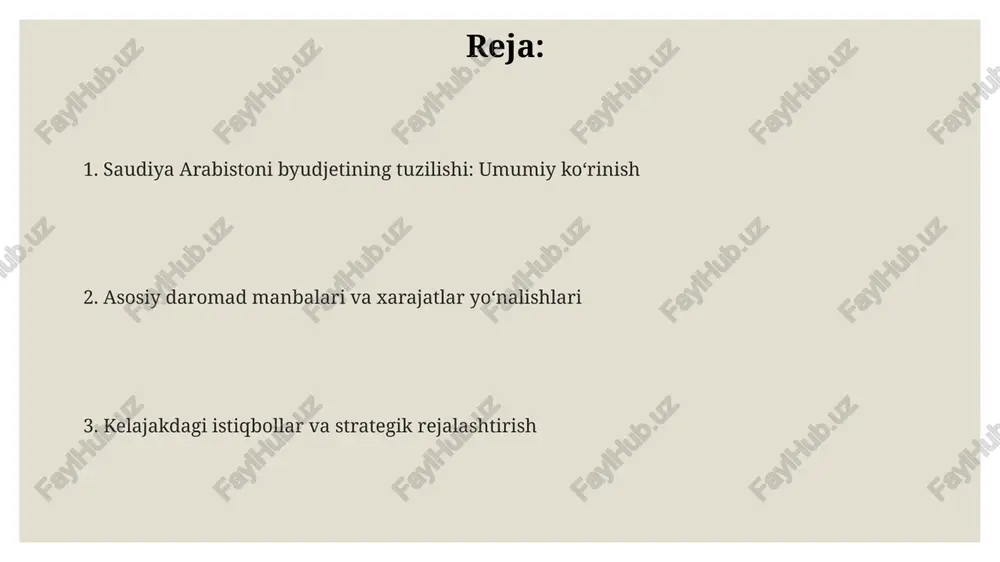 halarga yo'naltiriladi, bu esa iqtisodiy o'sishni rag'batlantirish va aholi farovonligini ta'minlashga qaratilgan. daromad manbalari neft daromadlari saudiya arabistoni daromad manbalarining asosiy qismini tashkil etadi, 2023-yilda yalpi ichki mahsulotning taxminan 40% ini tashkil etadi va energiya narxlarining o'zgaruvchanligiga bog'liq. investitsiya daromadlari saudiya arabistoni uchun muhim daromad manbai hisoblanadi, davlat suveren jamg'armasi (pif) orqali turli xalqaro aktivlarga sarmoya kiritiladi hamda diversifikatsiya siyosati amalga oshiriladi. hukumat soliq va yig'imlar orqali daromad oladi, shu jumladan qqs (qo'shilgan qiymat solig'i) va boshqa to'lovlar 2018-yildan beri 5% dan 15% gacha oshirilgan bo'lib, bu byudjetga sezilarli hissa qo'shadi. xarajatlar yo'nalishlari sog'liqni saqlash sohasi xarajatlari saudiya arabistoni byudjetida muhim o'rin egallaydi, chunki bu sohada shifoxonalar qurish va ularni jihozlash, tibbiy xodimlarni o'qitish va davolash xarajatlari qoplanadi, masalan, 185 milliard rial ajratilgan. xarajatlar yo‘nalishlariga ta’lim sohasi kiradi, bu sohaga davlat byudjetidan katta miqdorda, masalan, 2023-yilda 193 milliard rialdan ortiq mablag‘ ajratilgan bo’lib, maktablar va universitetlarni moliyalashtirishga yo’naltiriladi. saudiya arabistoni …