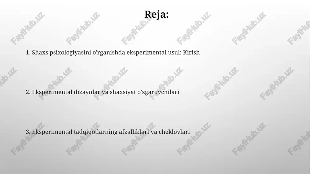 og'liq o'zgaruvchilar mustaqil o'zgaruvchi tadqiqotchi tomonidan manipulyatsiya qilinadi, uning ta'siri bog'liq o'zgaruvchiga o'lchanadi. misol: 2 xil dori dozasi (mustaqil) xotiraga (bog'liq) ta'sirini o'rganish. bog'liq o'zgaruvchi mustaqil o'zgaruvchi ta'siriga bog'liq holda o'zgaradi. bog'liq o'zgaruvchi qiymati 0 dan 100 gacha bo'lgan shkala bo'yicha o'lchanishi mumkin. nazorat guruhlari va tasodifiy tayinlash nazorat guruhlari sharoitlarni ushlab turadi, 0 ta manipulyatsiya bilan, eksperimental guruhni 1 yoki undan ko'p mustaqil o'zgaruvchilar bilan solishtirish uchun asos yaratadi. tasodifiy tayinlash har bir ishtirokchining har bir guruhga teng imkoniyatini ta'minlaydi, selektsiya biasini minimallashtiradi, natijalarga ta'sir qiladigan 1 dan ortiq aralashuvchi omillarni kamaytiradi. shaxsiyatni o'lchash usullari proyektiv usullar, masalan, rorschach testi, shaxsiyatning ongsiz jihatlarini baholaydi; subyektlar aniq bo'lmagan stimulga javob berish orqali ichki fikrlarini ochadi, bu esa interpretatsiya uchun imkoniyat yaratadi. o'z-o'zini baholash inventarlari, misol uchun, mmpi-2, standartlashtirilgan savollar orqali shaxsiyat xususiyatlarini o'lchaydi, javoblar esa normativ ma'lumotlar bazasiga nisbatan solishtiriladi, bu esa miqdoriy ma'lumot beradi. validlik va ishonchlilik validlik tadqiqotning …