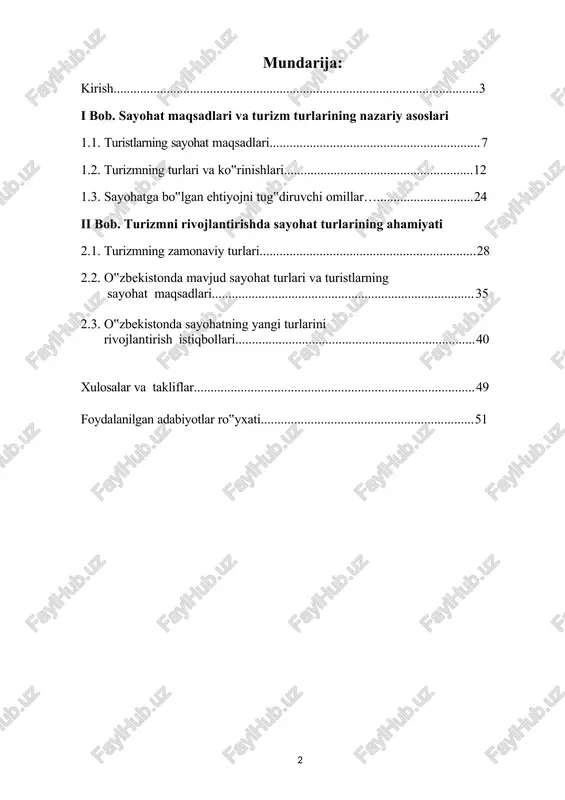 agi «2006- 2010 yillarda o„zbekiston respublikasida xizmatlar sohasi va servisni jadal rivojlantirish haqida» gi qarorilarining qabul qilinishi respublika hukumatida ushbu sohaga katta e‟tibor qaratilayotganligini ko„rsatadi. o„zbekiston qulay tabiiy-iqlim sharoitlariga, boy tarixiy, madaniy merosga va ayni paytda ham ichki, ham xalqaro turizmni rivojlantirish uchun yuqori salohiyatga ega. o„zbekistonni sharq va g„arbni bog„lab turuvchi «buyuk ipak yo„li» dagi belbog„ sifatida yaxshi bilamiz. turizm sohasi oldida turgan asosiy vazifa – o„zbekistonning tabiiy iqlimiy, rekreatsion, ijtimoiy-iqtisodiy va tarixiy madaniy salohiyatini hisobga olgan holda ichki va xalqaro turizm ehtiyojini qondirishga yo„naltirilgan yuqori rentabelli turistlik tarmoqni yaratishdan iborat. yurtimizda “turizm” sohasini takomillashtirish borasida muayyan ishlar amalga oshirilgan bo‟lsa-da, bu borada qilinishi lozim bo‟lgan ishlar dolzarb muammo bo‟lib turibdi. mavzuning o‟rganilish darajasi. turizmdagi turlarni uning shakllari, turistik oqimlari, sayohat maqsadlari, harakatlanish usuli, joylashuv vositalari, ishtirok etuvchilar sonlari, tashkiliy shakllari, sayohatning uzoqliligi bo‟yicha va boshqalarni hisobga olgan holda tasniflanishiga o‟z e‟tiborimni qaratdim. bu sohada ko‟pgina yurtdoshlarimiz, xususan, i.s.tuxliyev, …
