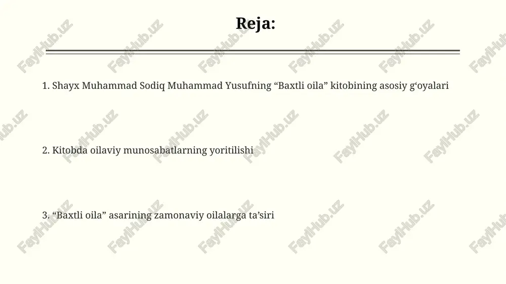 atlar aniq belgilab qo'yilgan bo'lib, bu adolatli munosabatlarni o'rnatishga yordam beradi. er-xotin munosabatlari: hurmat, sevgi va hamkorlik er-xotin munosabatlarida hurmat, sevgi va hamkorlik 5 ta asosiy komponentga ega bo'lib, ularning har biri nikohning muvaffaqiyatli bo'lishida muhim rol o'ynaydi. "baxtli oila" kitobida er-xotin o'rtasidagi sevgi 70 foiz hurmat, 20 foiz do'stlik va faqat 10 foiz ehtirosdan iborat bo'lishi kerakligi ta'kidlangan. oilaviy munosabatlarda hamkorlik 6 ta muhim sohani qamrab oladi: moliyaviy masalalar, bolalar tarbiyasi, uy ishlari, qaror qabul qilish, dam olish va ma'naviy rivojlanish. farzand tarbiyasi: islomiy tamoyillar va zamonaviy yondashuvlar ushbu kitobda farzand tarbiyasida 10 ta asosiy islomiy prinsip keltirilgan, jumladan adolat, mehribonlik va ota-onaning shaxsiy namuna bo'lishi alohida ahamiyatga ega. "farzand tarbiyasi"da 7 yoshgacha bo'lgan bolalarga e'tiborni kuchaytirish, o'yin orqali ta'lim berish va qur'ondan hikoyalar aytib berish muhimligi ta'kidlanadi. "farzand tarbiyasi"da zamonaviy psixologiya bilan islomiy tamoyillar integratsiyasi, bolaning individual xususiyatlarini hisobga olish va 12 qoidaga amal qilishga urg'u beriladi. oilada …
