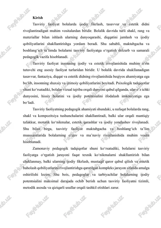 tasviriy faoliyatni tizimli, metodik asosda va qiziqarli usullar orqali tashkil etishlari zarur. 1. tasviriy faoliyatning mohiyati va ahamiyati tasviriy faoliyat — bu bolalarning ijodiy qobiliyatlarini rivojlantirishga qaratilgan faoliyatdir. bu faoliyat orqali bolalar: · ranglar, shakllar va kompozitsiyalarni tushunadi; · tasavvur va fantaziyasini rivojlantiradi; · motorik qobiliyatlarini mustahkamlaydi; · estetik did va ijodiy fikrlashni shakllantiradi. tasviriy faoliyat — bu insonning ijodiy qobiliyatlarini rivojlantirish, tasavvur va fantaziyasini boyitish, shuningdek, estetik didini shakllantirishga qaratilgan faoliyatdir. bu faoliyat orqali inson atrof-muhitdagi narsalarni nafaqat sezadi, balki ularni tushunish, talqin qilish va o‘z fikrini vizual vositalar yordamida ifodalash qobiliyatini rivojlantiradi. bolalar tasviriy faoliyat bilan shug‘ullanganda, ular nafaqat rasm chizish yoki bo‘yash texnikasini o‘rganadi, balki psixologik, kognitiv va motorik rivojlanishning kompleks jarayonlarini ham boshdan kechiradi. tasviriy faoliyatning mohiyati 1. ijodiy fikrlashni rivojlantirish: tasviriy faoliyat bolalarning muammolarni hal qilish, yangi g‘oyalar yaratish va fantaziyadan foydalanish qobiliyatini oshiradi. masalan, rasm chizish jarayonida bolalar oddiy shakllardan murakkab kompozitsiyalar yaratishni o‘rganadilar. …