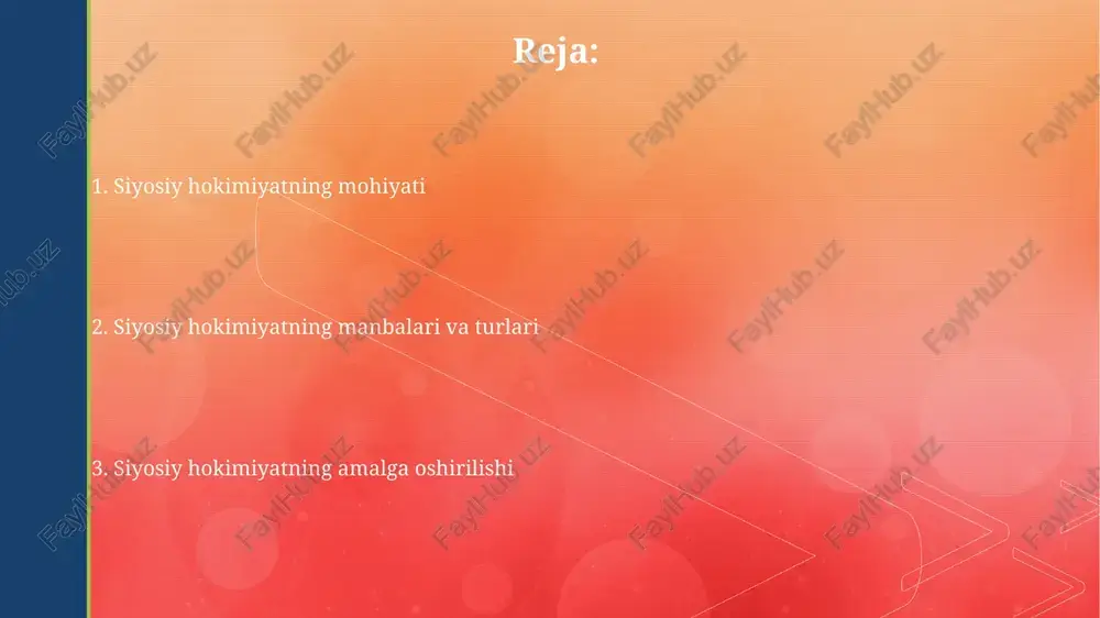 hi hokimiyatning tarqalishi, markazlashgan hokimiyatga qarshi turadi, bunda davlat resurslari va siyosiy qarorlar mahalliy darajalarga o'tkaziladi, bu esa demokratiyani 30 foizga oshirishi mumkin. o'zbekistonda hokimiyatning tarqalishi, mahalliy hokimliklarning moliyaviy mustaqilligini oshirishni nazarda tutadi, masalan, mahalliy byudjetlarga soliq tushumlarining 25 foizini qoldirish orqali amalga oshiriladi. siyosiy hokimiyatning institutsional tuzilishi siyosiy hokimiyatning institutsional tuzilishi davlat apparati orqali amalga oshiriladi, bu yerda 3 tarmoq: qonun chiqaruvchi, ijro etuvchi va sud hokimiyatlari o'z vakolatlarini konstitutsiyaga muvofiq amalga oshiradi. siyosiy partiyalar 4 ta asosiy vazifani bajaradi: saylovlarda ishtirok etish, siyosiy dasturlarni ishlab chiqish, jamoatchilik fikrini shakllantirish va vakillik organlarida o'z manfaatlarini himoya qilish orqali hokimiyatga ta'sir o'tkazadi. hokimiyat va manfaatlar guruhlari hokimiyatlar mahalliy darajada, masalan, shahar hokimliklari, hududiy manfaatlar guruhlari bilan resurslar taqsimoti va siyosatni shakllantirishda doimiy aloqada bo'ladi. manfaatlar guruhlari, jumladan, biznes assotsiatsiyalari, nntlar, 24 soat davomida hokimiyatga ta'sir o'tkazishga intilib, o'z a'zolarining iqtisodiy manfaatlarini ilgari suradi. siyosiy hokimiyatning zamonaviy muammolari axborot texnologiyalari asrida …