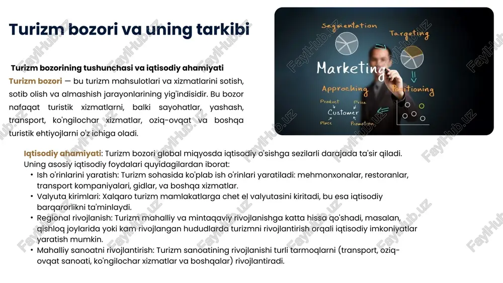 keting tahlili, bozorni o‘rganish va strategiyalarni ishlab chiqishda muhim rol o‘ynaydi. bozorning har bir qismi va faoliyatini to‘g‘ri tahlil qilish, raqobatchilarni aniqlash va mijozlarning ehtiyojlarini tushunish muvaffaqiyatli marketing strategiyalarini ishlab chiqishga yordam beradi. marketing strategiyalari: bozorni o'rganish metodlari marketing tahlili — bu bozorni chuqur o‘rganish, uning holatini tahlil qilish va shu asosda samarali marketing strategiyalarini ishlab chiqish jarayonidir. bozorni tahlil qilishda asosiy metodlar quyidagilardan iborat: swot tahlili (strengths, weaknesses, opportunities, threats): kuchli tomonlar (strengths): turizm kompaniyasining yoki mintaqaning raqobatbardosh ustunliklari. masalan, yaxshi brend, maxsus turizm mahsulotlari yoki yaxshi joylashuv. zaif tomonlar (weaknesses): muammolar va cheklovlar. masalan, infrastrukturada kamchiliklar, xizmatlar sifati pastligi, raqobatga qarshi zaif pozitsiya. imkoniyatlar (opportunities): bozorni rivojlantirish yoki yangi segmentlarga kirish uchun imkoniyatlar. masalan, ekoturizmni rivojlantirish yoki yangi mamlakatlarda turizmni targ‘ib qilish. tahdidlar (threats): bozorni tahdid qiluvchi xavf-xatarlar. masalan, xalqaro raqobatchilar, tabiat hodisalari yoki iqtisodiy inqirozlar. travel presentation turizmda marketing kommunikatsiyalari reklama: turizm mahsulotlari uchun reklamalar, reklama vositalari, …