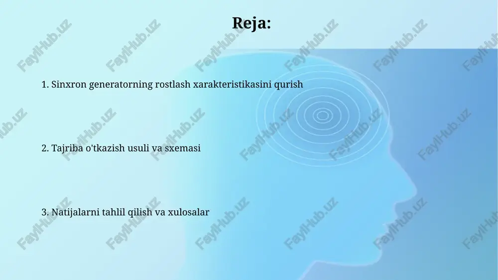 ydi. tajriba o'tkazish tartibi tajriba davomida generatorning aylanish tezligi barqaror, ya'ni nominal tezlikda (masalan, 1500 aylanish/daq) ushlab turilishi shart, aks holda natijalar noto'g'ri bo'lishi mumkin. yuklama tokini o'lchash uchun ampermetrdan foydalaniladi va har bir yuklama qadamida tok qiymati qayd etiladi, shuningdek, generator terminalidagi kuchlanish (v) voltmetr yordamida o'lchanadi. olingan natijalarni tahlil qilish va grafiklar olingan kuchlanish qiymatlarini qo'zg'atish toki o'zgarishi bo'yicha tahlil qiling. grafikda kuchlanishning reaktiv yuk bilan kamayish tendentsiyasi 0 dan 1 gacha bo'lgan oraliqda ko'rsatiladi. grafikdagi egri chiziqlar shaklini, xususan, 90 daraja burchak ostida paydo bo'ladigan keskin o'zgarishlarni aniqlang. bu o'zgarishlar stator o'rashining to'yinganlik darajasini aks ettiradi. xulosa sinxron generatorning rostlash xarakteristikasini qurish jarayoni reaktiv quvvatni nazorat qilish va kuchlanish barqarorligini ta'minlashda muhim ahamiyatga ega ekanligi aniqlandi. tajriba natijalari shuni ko'rsatadiki, yuk o'zgarganda generatorning uyg'otish tokini nazorat qilish orqali terminal kuchlanishini belgilangan qiymatda ushlab turish mumkin ekan. e'tiboringiz uchun rahmat image2.png image3.jpg image4.jpg image5.jpg image6.jpg image7.jpg image8.jpg image9.jpg …