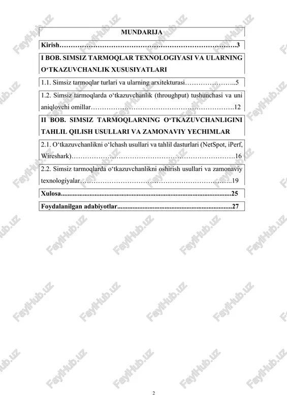 lumot uzatish o‘tkazuvchanligi hisoblanadi. aynan o‘tkazuvchanlik tarmoq sifati, tezligi va barqarorligini belgilab beradi. shuning uchun, uni chuqur o‘rganish zamonaviy kompyuter tarmoqlarini loyihalash va takomillashtirishda muhim ahamiyat kasb etadi. mavzuning dolzarbligi o‘zbekiston respublikasi prezidenti sh.m. mirziyoyevning 2022-yil 28-fevraldagi pq–132-sonli qarorida axborot texnologiyalarini rivojlantirish, raqamli iqtisodiyotni kengaytirish va barcha sohalarda zamonaviy it-infratuzilmani joriy etish muhim vazifa sifatida belgilangan. shuningdek, 2020–2030-yillarga mo‘ljallangan “raqamli o‘zbekiston – 2030” strategiyasida ham axborot tarmoqlari, xususan simsiz texnologiyalar asosiy ustuvor yo‘nalishlardan biri sifatida qayd etilgan. bu esa mavzuning dolzarbligini amaliy va strategik jihatdan yana-da kuchaytiradi. kurs ishining maqsadi mazkur kurs ishining asosiy maqsadi — simsiz tarmoqlarda ma’lumot o‘tkazuvchanligini aniqlovchi omillarni o‘rganish, ularni baholash usullari bilan tanishish hamda tarmoq samaradorligini oshirish bo‘yicha zamonaviy yechimlarni tahlil qilishdir. kurs ishining vazifalari · simsiz tarmoqlarning turlari va ularning arxitekturasi bilan tanishish. · o‘tkazuvchanlik tushunchasi va unga ta’sir qiluvchi texnik omillarni tahlil qilish. · o‘tkazuvchanlikni o‘lchashda qo‘llaniladigan dasturiy vositalarni o‘rganish. · zamonaviy texnologiyalar …