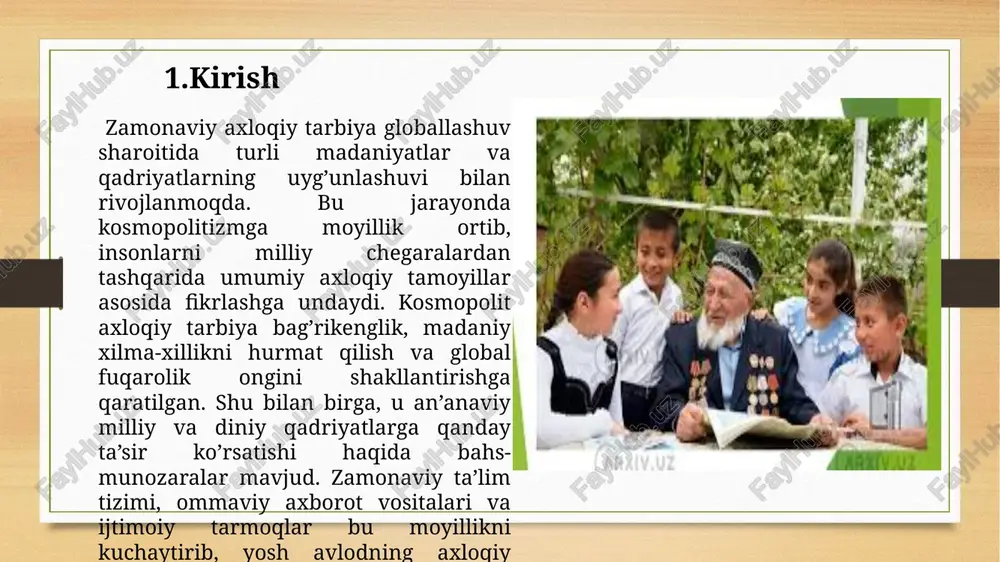tarli tahdidlar odamni tashvishga solmay qo’ymaydi»59. ommaviy madaniyatni niqob qilib, buzuqlik va zo’ravonlik singari inson shaxsini ruhan emiradigan g’oyalarni targ’ib etadigan asarlarning haqiqiy madaniyatga hech qanday aloqasi yo’q. 3. kosmopolitizmning tarbiyada namoyon bo’lishi: 1. bag’rikenglik va madaniy xilma-xillikni hurmat qilish o yoshlarni turli millat, din va madaniyat vakillariga nisbatan hurmat ruhida tarbiyalash. o diskriminatsiya va millatchilikdan qochish, inson huquqlarini qadrlash. 2. global axloqiy qadriyatlarni singdirish o adolat, tenglik, insonparvarlik, ekologik onglilik kabi umumjahon qadriyatlarini shakllantirish. o yoshlarning dunyo miqyosidagi muammolarga befarq bo’lmasligini ta’minlash (iqlim o’zgarishi, inson huquqlari, qashshoqlikka qarshi kurash). 3. ochiq fikrlilik va zamonaviy axloqiy tamoyillarga sodiqlik o turli dunyoqarash va falsafiy oqimlarga nisbatan ochiq bo’lishni rag’batlantirish. o innovatsiyalarni, ilm-fan va texnologiyani qabul qilishga tayyorlik. kosmopolitizmning axloqiy tarbiyaga ta’sirining ijobiy va salbiy jihatlari: ✅ ijobiy jihatlar: • yoshlarning global dunyoqarashga ega bo’lishi. • millatlararo do’stlik va hamkorlikni rivojlantirish. • jaholat va qarashlarning tor doirada shakllanishining oldini olish. ❌ salbiy …
