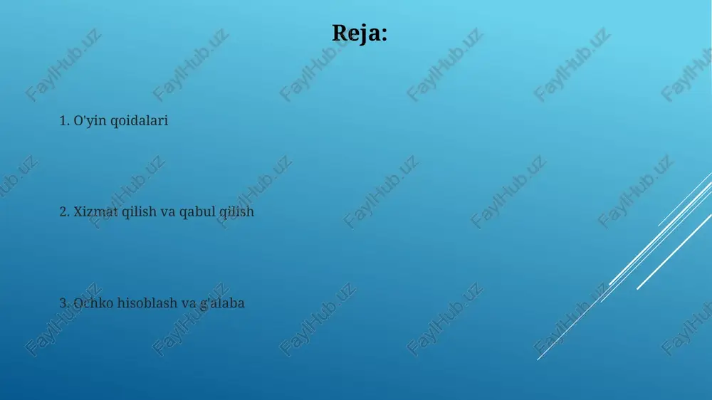 laba qozonadi, lekin hisob 10-10 bo'lganda, bir o'yinchi ketma-ket ikki ochko farqi bilan oldinga chiqishi kerak. o'yin besh yoki yetti o'yindan iborat bo'lishi mumkin, bunda o'yinchi ko'pchilik o'yinlarda g'alaba qozonganida (masalan, besh o'yinli o'yinda 3 o'yin) g'alaba qozonadi. set va o'yin g'olibini aniqlash o'yinchi 11 ochko to'plaganida setda g'alaba qozonadi, lekin hisob 10-10 bo'lganda, ikkita ochko farqi bilan g'alaba qozonish kerak. o'yin g'olibini aniqlash uchun o'yin oldidan kelishilgan setlar sonida g'alaba qozonish kerak, odatda eng yaxshi 5 yoki 7 setdan iborat bo'ladi. xatolar agar to'p xizmat qilayotganda stolning yuzasidan sakrab o'tmasa, xato hisoblanadi; server to'pni erkin qo'lidan kamida 16 sm balandlikka ko'tarishi kerak. agar o'yinchi to'pni ketma-ket ikki marta 40 mm diametrli raketkasi bilan urib yuborsa, bu xato bo'ladi va raqibga ochko beriladi. hakamning vazifalari hakam o'yin davomida to'pga urish tartibini kuzatib boradi, har bir ochko olinganidan so'ng hisobni e'lon qiladi va o'yinning qoidalar asosida adolatli o'tishini ta'minlaydi. hakam xizmat …