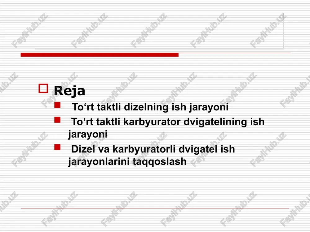 osim va temperatura pasaya boradi chiqarish takti chiqarish klapani ochiladi porshen pchndan yuchn tomon xarakatlanadi yonib bo‘lgan gazlar silindrdan majburan siqib chiqariladi porshen yuchnga etib kelganda ish sikli yakunladi keyin silindrda taktlar yana takrorlanadi to‘rt taktli dizel dvigatelning ish jarayoni to‘rt taktli karbyuratorli (injektorli) dvigatelning ish jarayoni kiritish takti porshen yuchndan pchnga tomon xarakatlanadi kiritish klapani ochiq xolda turadi silindrga yangi zaryad (karbyuratorda tayyorlangan havo va yonilg‘i aralashmasi) kiritiladi yangi zaryad qoldiq gazlar bilan aralashadi to‘rt taktli karbyuratorli (injektorli) dvigatelning ish jarayoni siqish takti porshen pchndan yuchnga tomon xarakatlanadi klapanlar yopiq xolda turadi porshen yuqoriga ko‘tarilgan sari yonilg‘ini bug‘lani- shi va havo bilan aralashishi davom etadi, silin- drdagi bosim va temperatura ko‘tarila boradi takt oxirida porshen yuchnga etmasdan o‘t oldirish tizimi svechasi orqali uchqun beriladi va yonish jarayoni boshlanadi dvigatel silindrida uchqun berilishi boshlangan paytda tirsakli val krivoshipi va silindr markaziy o‘qi orasidagi burchak uchqun berilishini ilgarilatish burchagi deb ataladi …