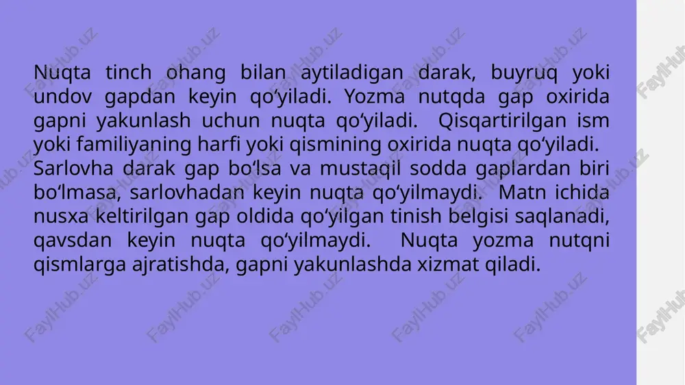 xato qo‘yilgan vergul gap tuzilishini chchalkashtirishi mumkin, shuning uchun qoidasiga amal qilish zarur. ikki nuqta gap ichida tushuntirish, sanash, keltirish ma’nosida ishlatiladi. nuqtali vergul bog‘lovchisiz qo‘shma gaplarni ajratishda qo‘llaniladi. ikki nuqta va nuqtali vergul aralash joylarda, gap qismlarini ajratishda xizmat qiladi. nuqtali vergul kuchli emotsiyani ifodalovchi so‘zlardan keyin ham qo‘yilishi mumkin. bu belgilar yozma nutqda sintaktik munosabatlarni, bo‘linish va bog‘lanishlarni ko‘rsatadi. ikki nuqta va nuqtali vergul qoidasini bilish nutqni to‘g‘ri, ravon yozishda muhimdir. qo‘sh tirnoq ichida saylangan so‘z yoki ibora, nusxa keltirilgan gap, ichki nutq belgilanadi. qavs ichida izoh, tushuntirish yoki misol keltiriladi; qavs ichidagi gap oxirida qo‘yilgan tinish belgisi tashqarida takrorlanmaydi. qavs yoki tirnoq yordamida gap ichida alohida bo‘lak va ma’nosi ajratilgan elementlar ko‘rsatiladi. tirnoq ichidagi nusxa keltirilgan gaplardan keyin asl gapdagi tinish belgisi alohida qo‘yilishi mumkin. qavs va tirnoq tinish belgilarining qo‘shimcha vositalari bo‘lib, yozma nutqda tuzilishni yanada aniq qiladi. bu belgilar punktuatsiya tizimida tug‘ma belgilar bilan birgalikda …