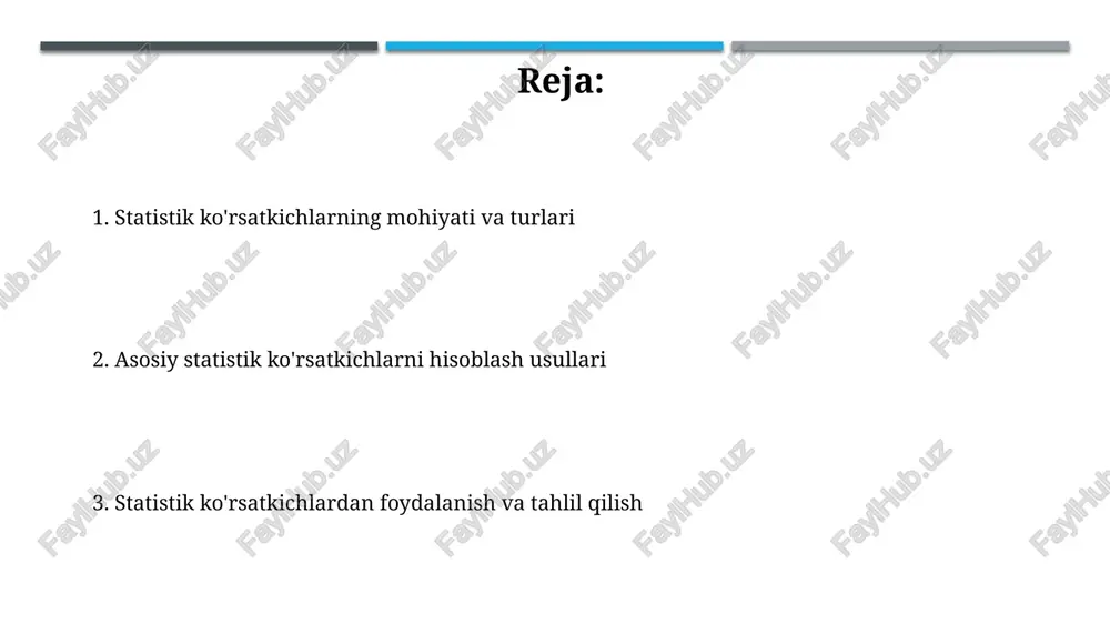 marta takrorlangan. o'zgaruvchanlik ko'rsatkichlari o'zgaruvchanlik ko'rsatkichlari ma'lumotlar to'plamining tarqalishini, masalan, o'rtacha qiymatdan og'ish darajasini o'lchaydi. standart og'ish, dispersiya kabi o'lchovlar guruh ichidagi heterojenlikni aniqlaydi. variatsiya koeffitsienti (vk) o'rtacha qiymatga nisbatan standart og'ishni ifodalaydi. vk qiymati 25% dan yuqori bo'lsa, ma'lumotlar to'plami yuqori darajada o'zgaruvchan hisoblanadi. shakl ko'rsatkichlari shakl ko'rsatkichlari ma'lumotlar to'plamining shaklini, masalan, assimetriya koeffitsienti orqali baholaydi, bu qiymat 0 bo'lganda simmetrik taqsimotni bildiradi. ekstsess ko'rsatkichi (kurtosis) taqsimotning 'dumlarining' og'irligini o'lchaydi; 3 dan yuqori kurtosis o'tkirroq 'dum'ga, pastrog'i esa yassi taqsimotga ishora qiladi. vaqt seriyasi ko'rsatkichlari vaqt seriyasining o'rtacha darajasi 10 kunlik davr uchun har kuni o'lchangan qiymatlarni yig'indisini 10 ga bo'lish orqali aniqlanadi, bu davr tendensiyasini ko'rsatadi. autokorrelyatsiya koeffitsienti, masalan, 0.7, vaqt oralig'i bilan o'lchangan ikkita ketma-ket qiymat o'rtasidagi bog'liqlik darajasini aks ettirib, bog'liqlikni ko'rsatadi. iqtisodiy ko'rsatkichlar iqtisodiy o'sish sur'ati yalmning foizdagi yillik o'zgarishini ko'rsatadi, masalan, 2023-yilda 5% o'sish iqtisodiyot hajmi shu darajada oshganini anglatadi. inflyatsiya darajasi iste'mol narxlari …